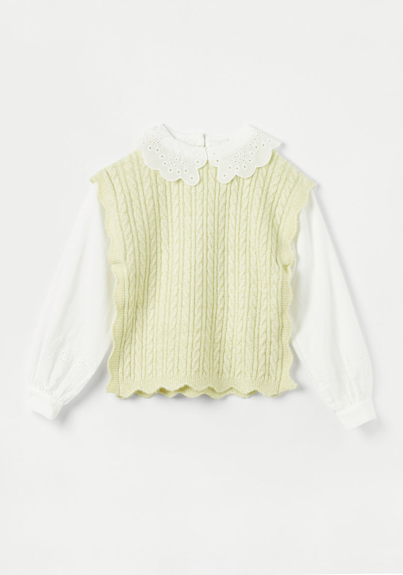 Juniors Textured Pullover with Schiffli Peter Pan Collar and Long Sleeves-Sweaters and Cardigans-image-0