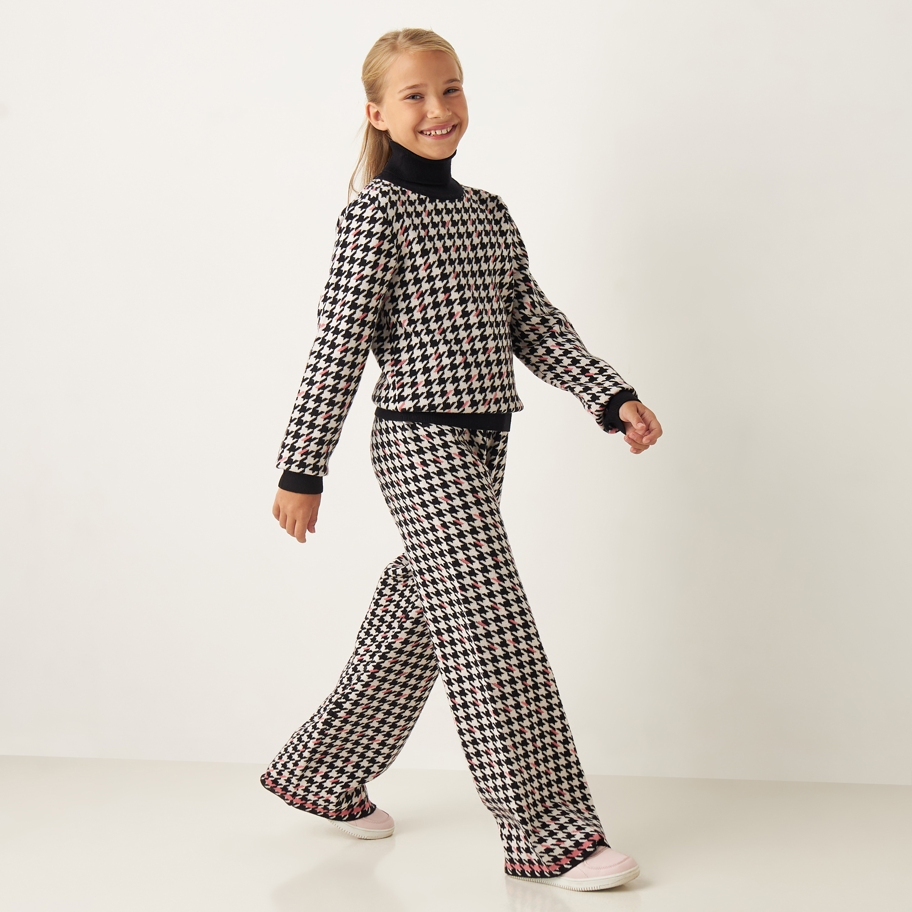 Juniors Houndstooth Print Turtle Neck Sweater and Pants Set-girls-clothing-setsandcoords-image-1