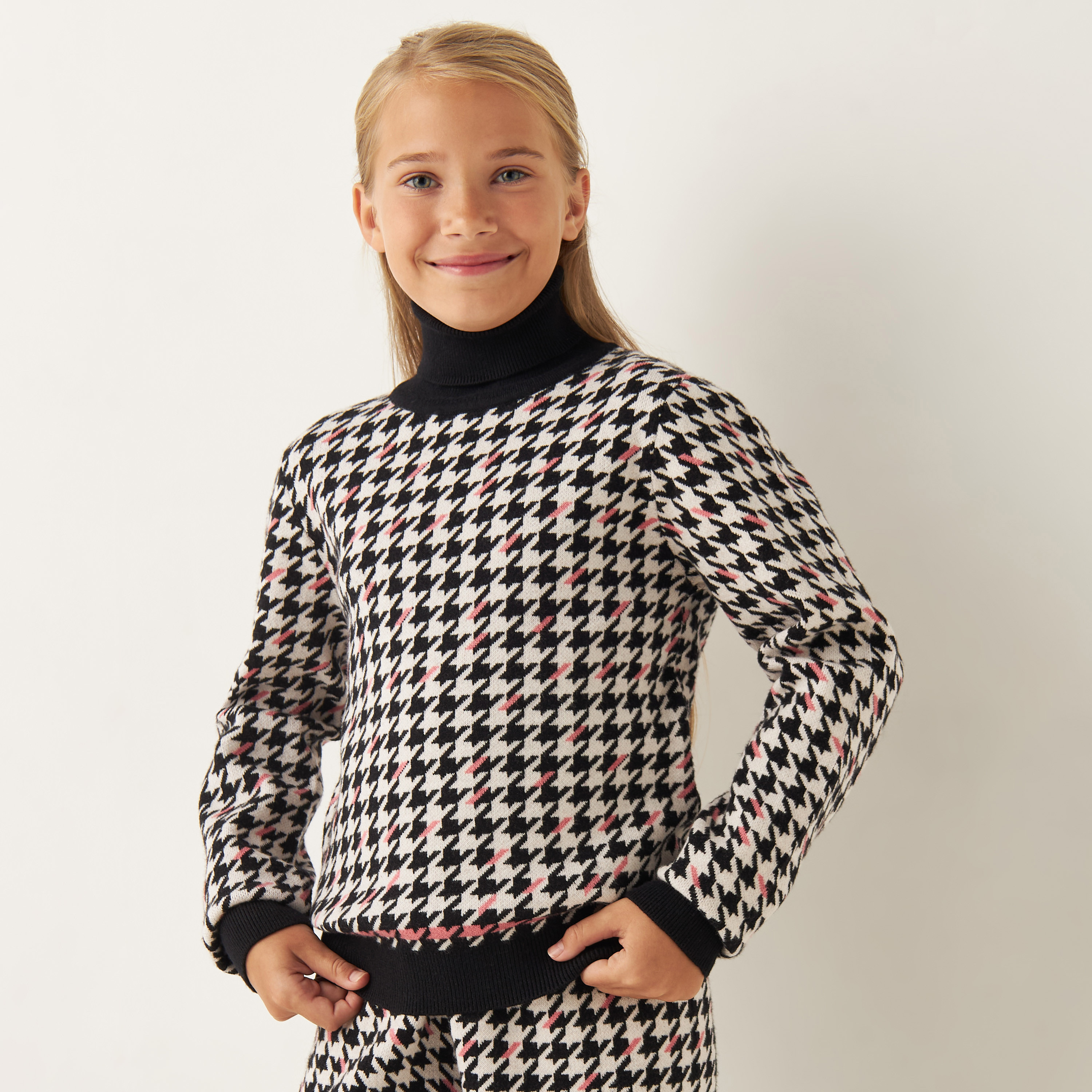 Juniors Houndstooth Print Turtle Neck Sweater and Pants Set-girls-clothing-setsandcoords-image-2