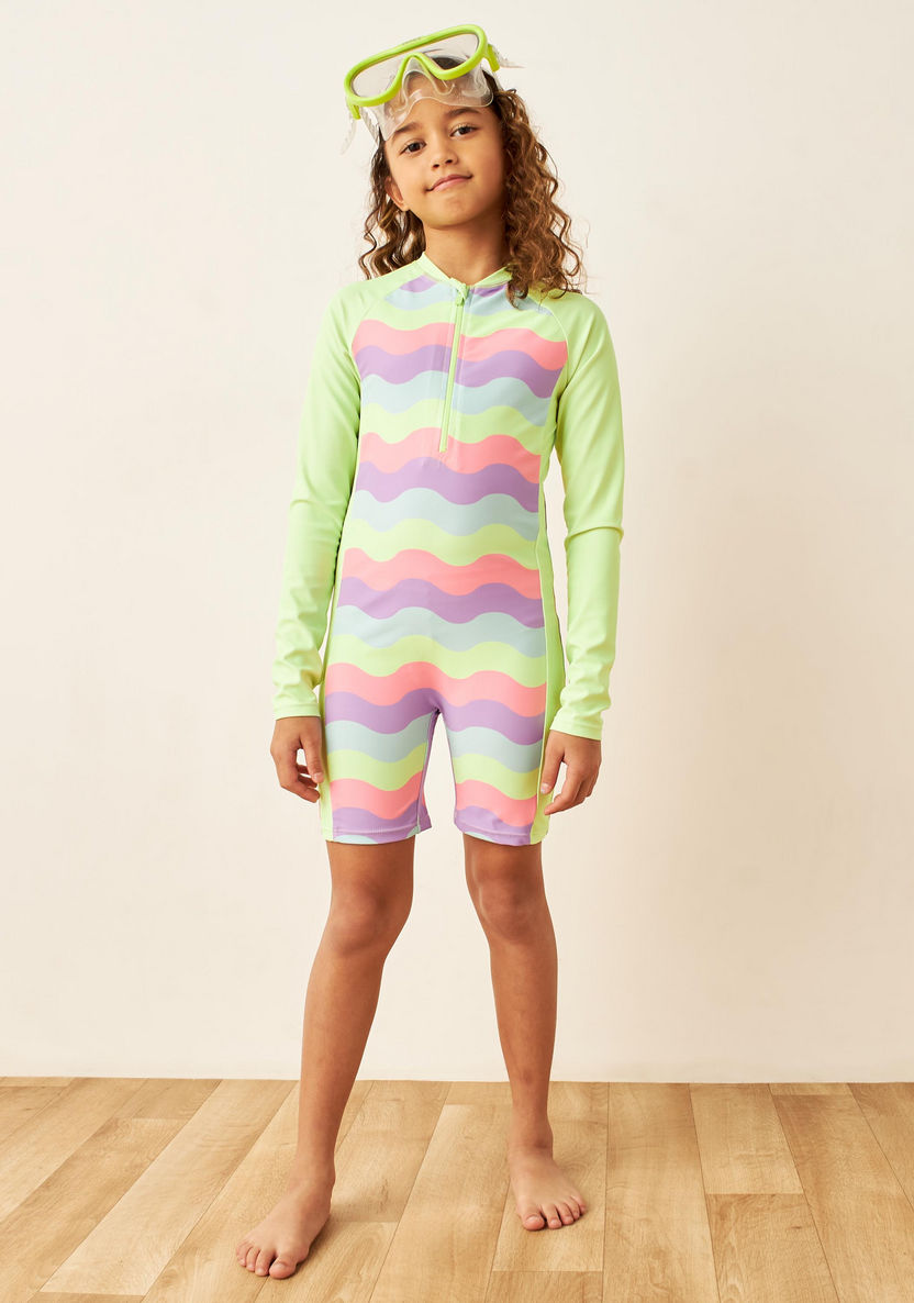 Juniors Wavy Striped Long Sleeves Swimsuit with Zip Closure-Swimwear-image-0