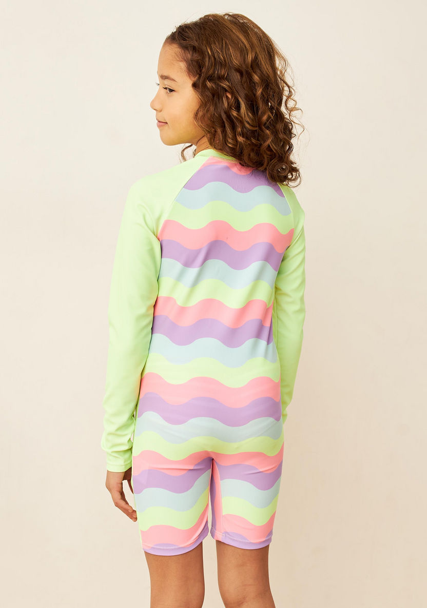 Juniors Wavy Striped Long Sleeves Swimsuit with Zip Closure-Swimwear-image-3