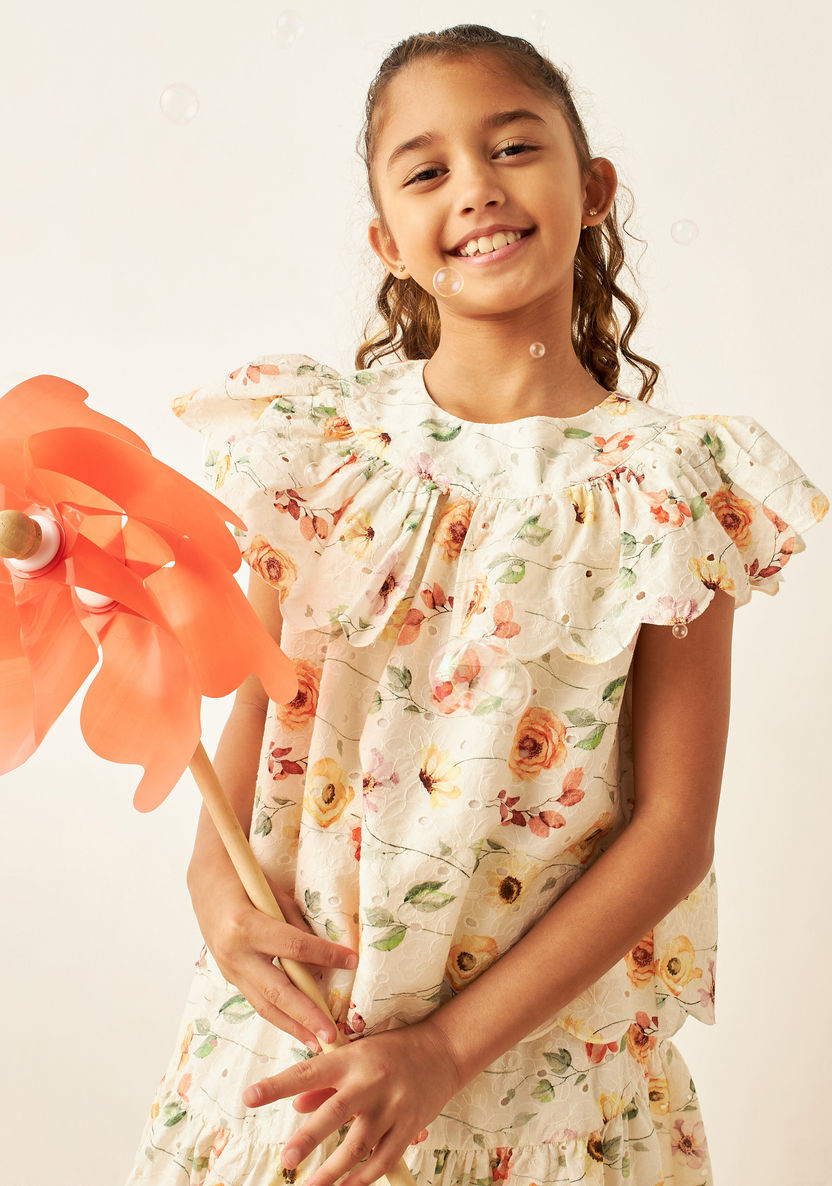 Eligo All-Over Floral Print Schiffli Top with Ruffle Detail and Round Neck-Blouses-image-0