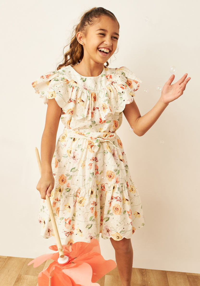 Eligo All-Over Floral Print Schiffli Top with Ruffle Detail and Round Neck-Blouses-image-1
