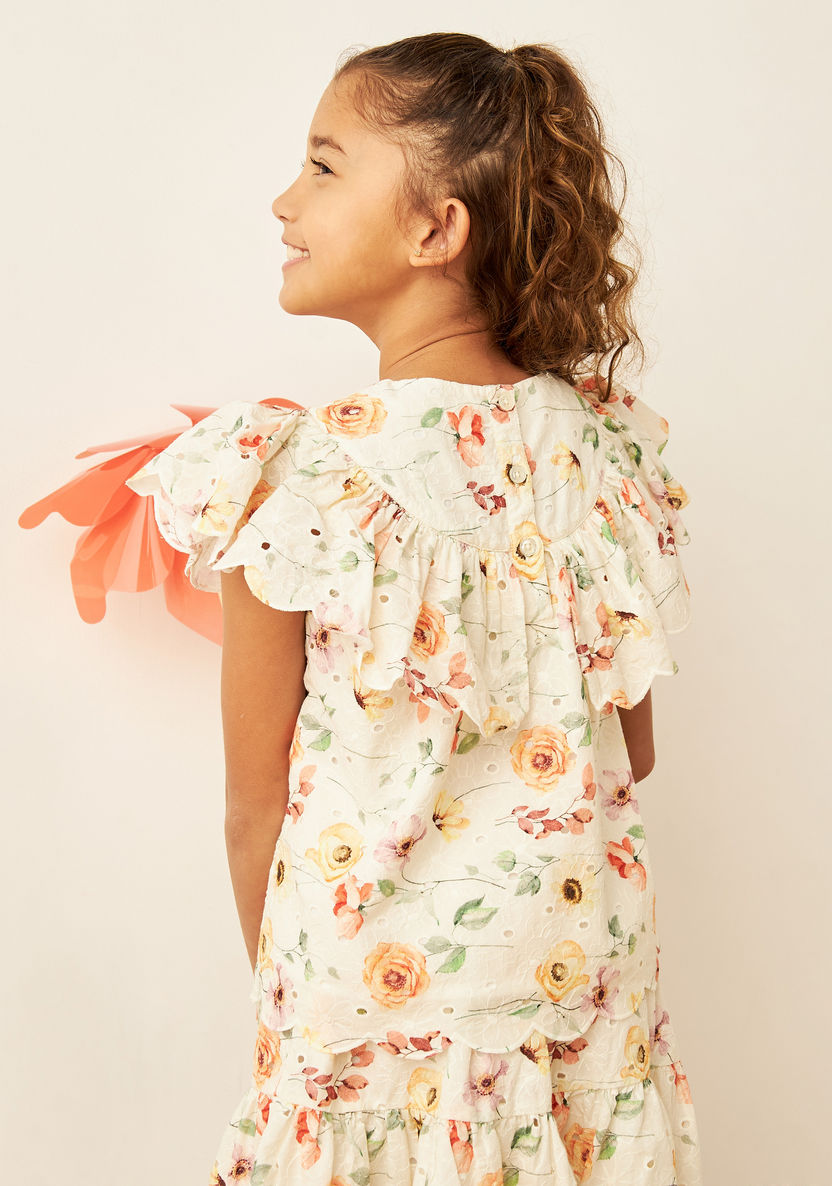 Eligo All-Over Floral Print Schiffli Top with Ruffle Detail and Round Neck-Blouses-image-3