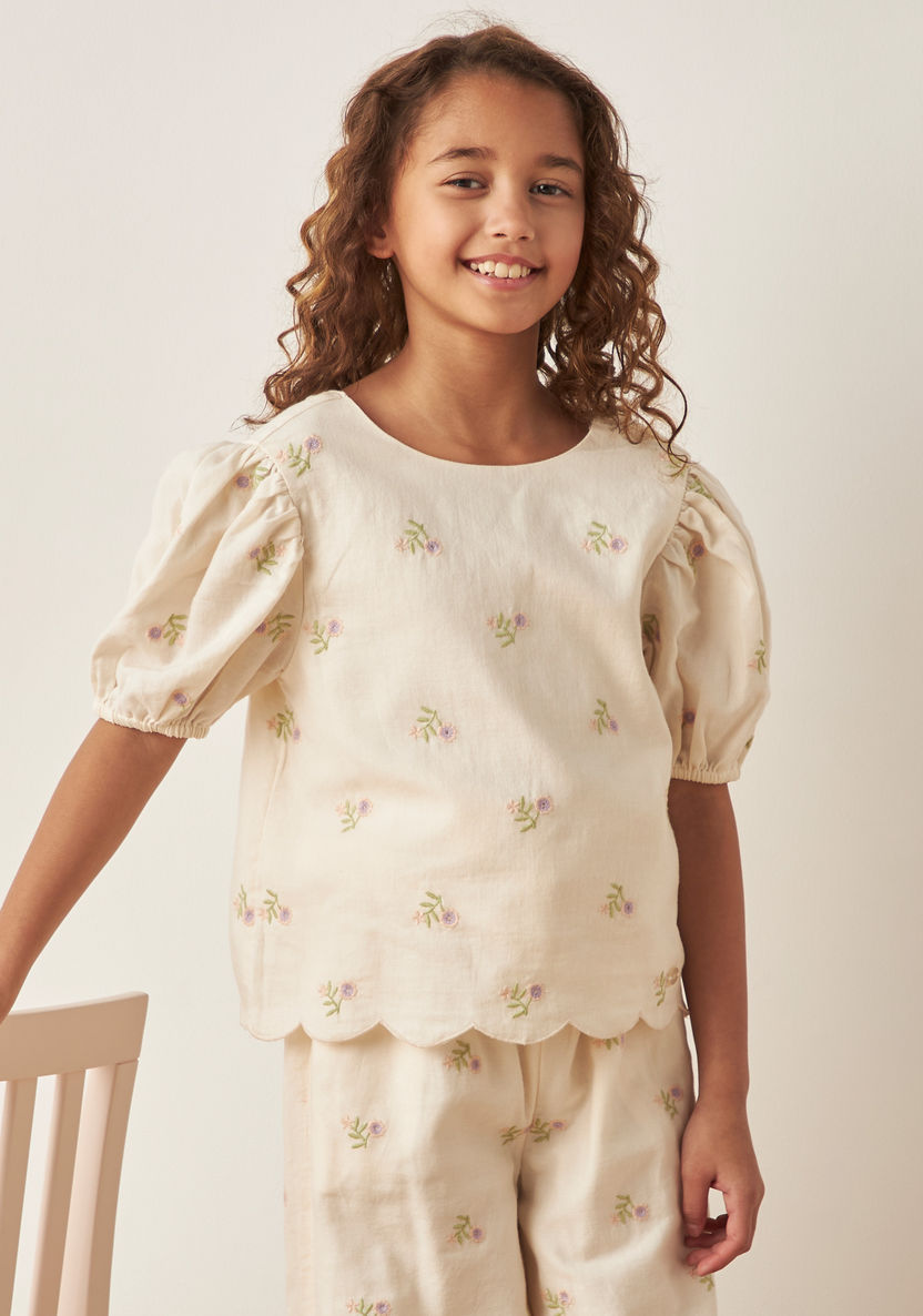 Eligo All-Over Floral Embroidered Top with Puff Sleeves and Bow Accent-Blouses-image-0