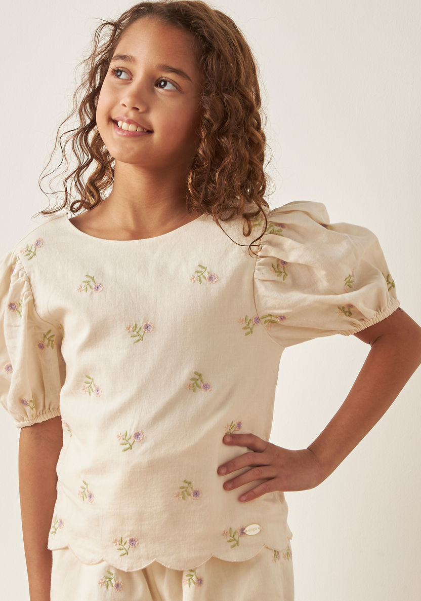 Eligo All-Over Floral Embroidered Top with Puff Sleeves and Bow Accent-Blouses-image-2