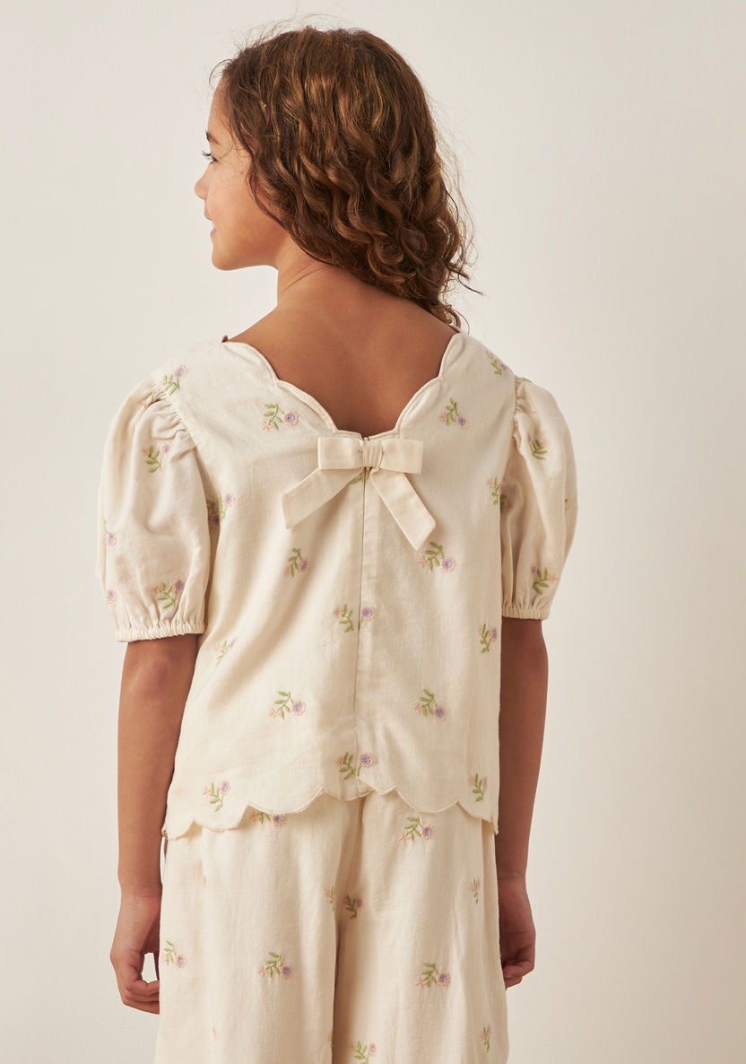 Eligo All-Over Floral Embroidered Top with Puff Sleeves and Bow Accent-Blouses-image-3