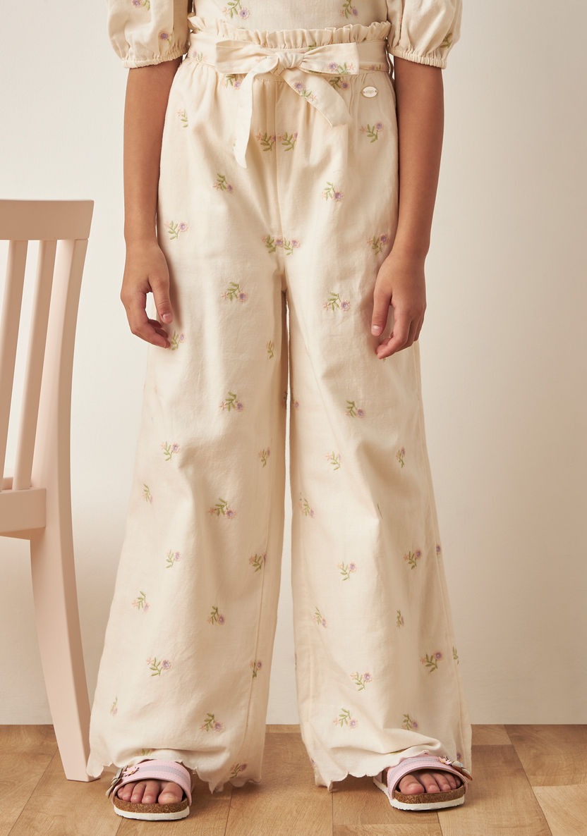 Eligo All-Over Floral Embroidered Pants with Tie-Up Belt-Pants-image-1