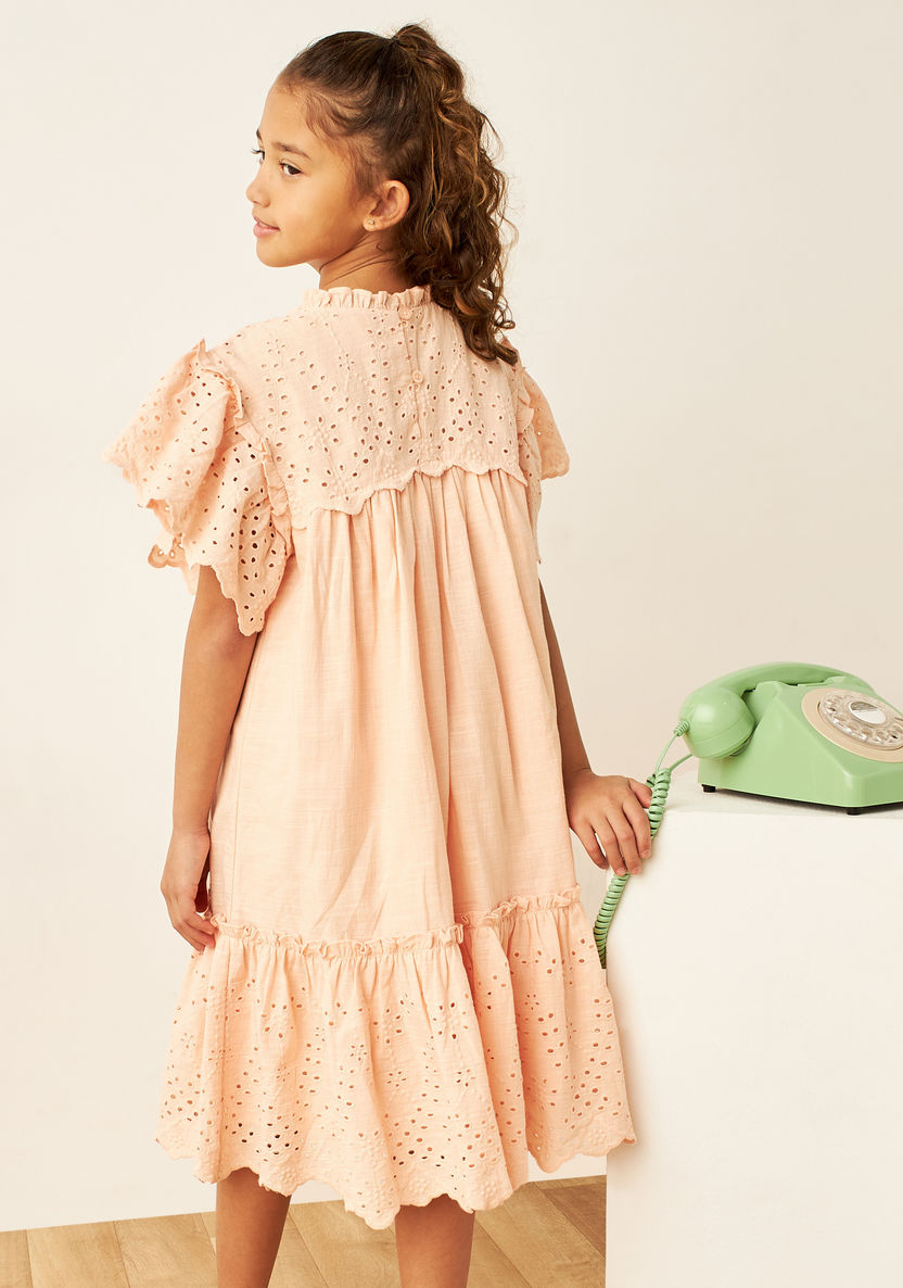 Eligo Schiffli Textured Tiered Dress with Pie Crust Collar and Short Sleeves-Dresses%2C Gowns and Frocks-image-3