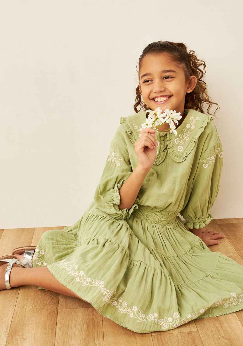 Eligo Floral Embroidered Tiered Dress with Peter Pan Collar and 3/4 Sleeves-Dresses%2C Gowns and Frocks-image-0
