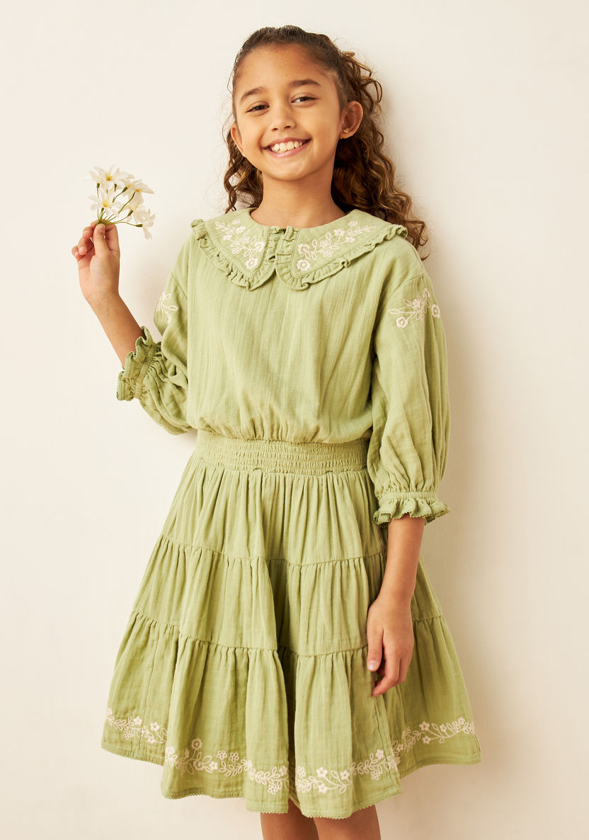 Eligo Floral Embroidered Tiered Dress with Peter Pan Collar and 3/4 Sleeves-Dresses%2C Gowns and Frocks-image-1