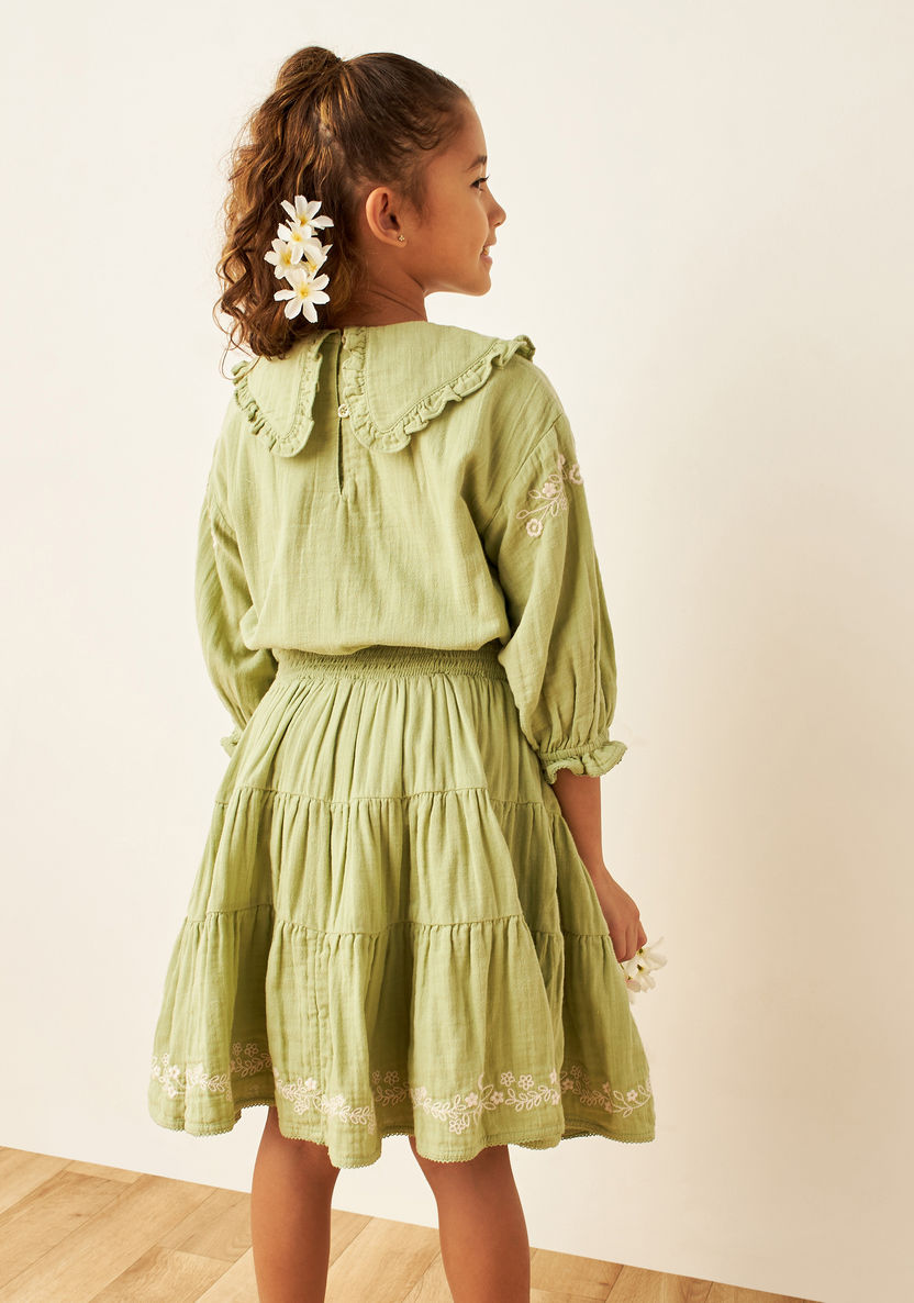 Eligo Floral Embroidered Tiered Dress with Peter Pan Collar and 3/4 Sleeves-Dresses%2C Gowns and Frocks-image-3