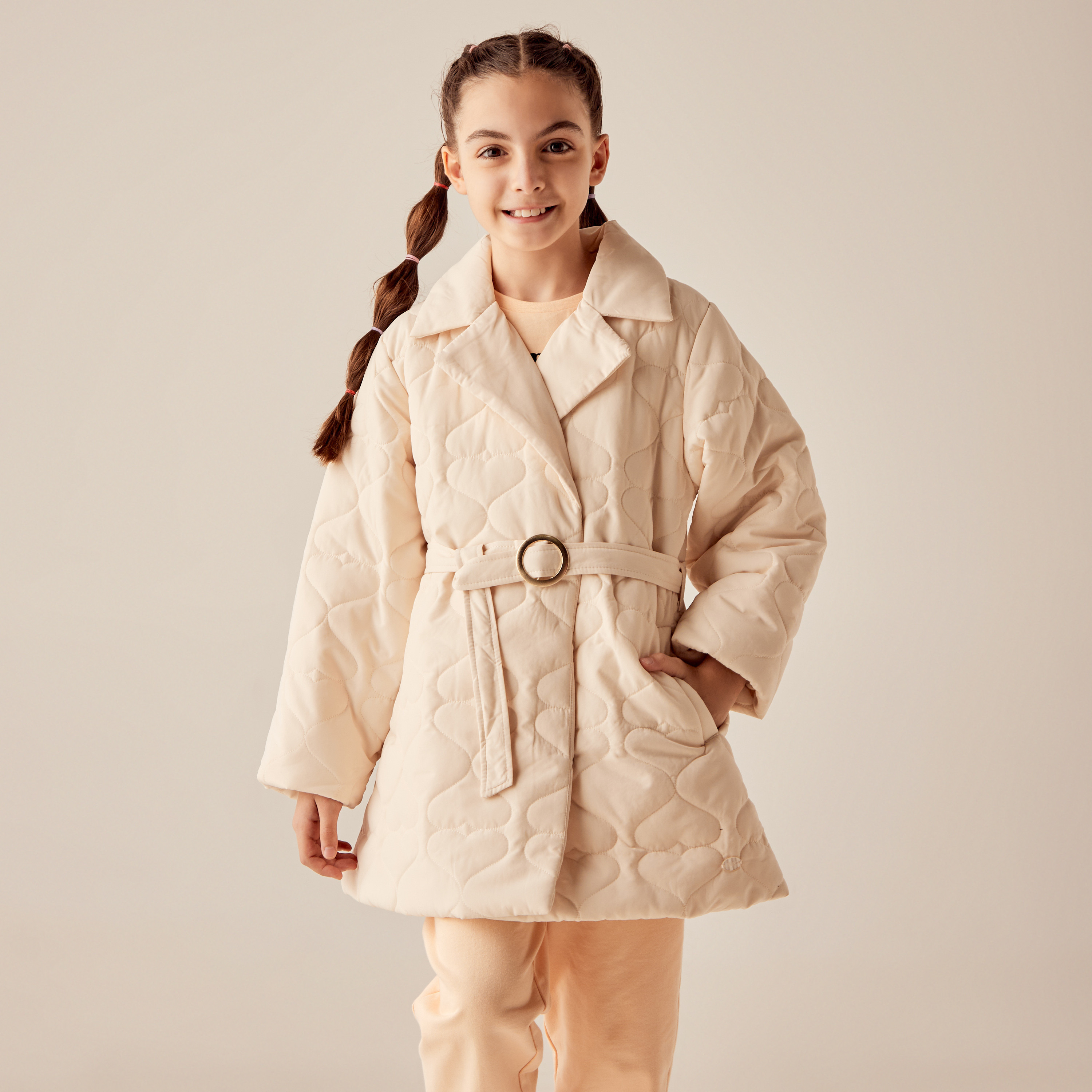 Eligo Textured Coat with Notched Lapel and Belt-girls-clothing-winterwear-jacketsandcoats-image-1