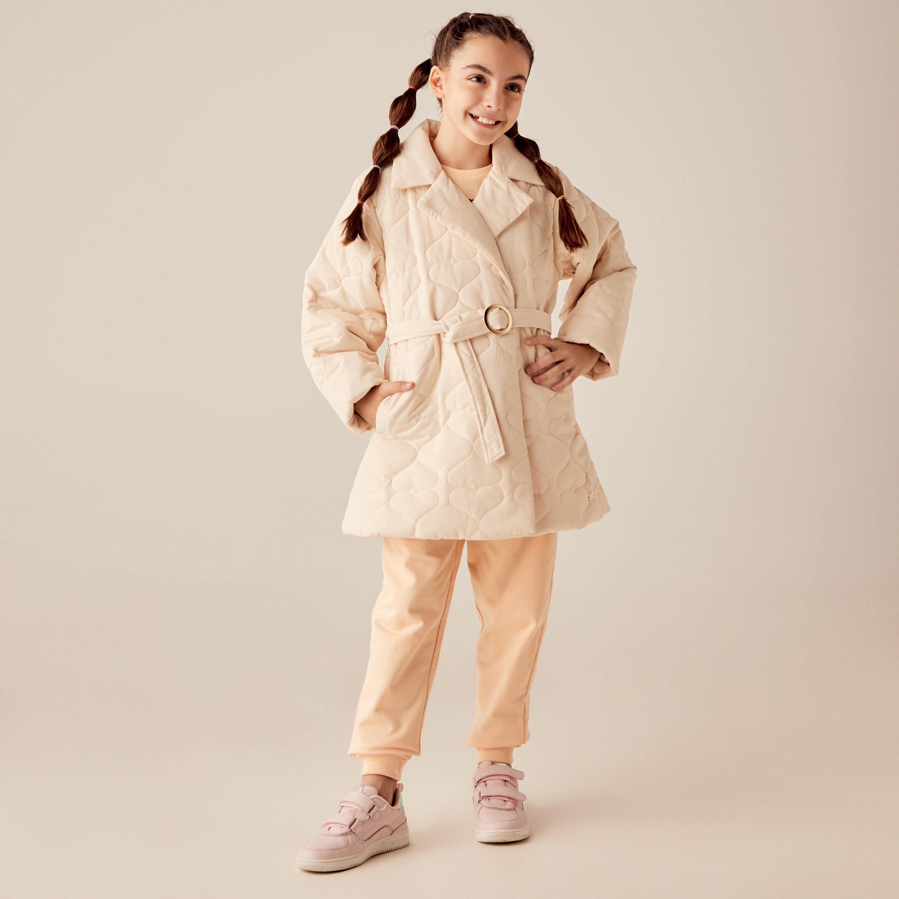 Eligo Textured Coat with Notched Lapel and Belt-girls-clothing-winterwear-jacketsandcoats-image-2