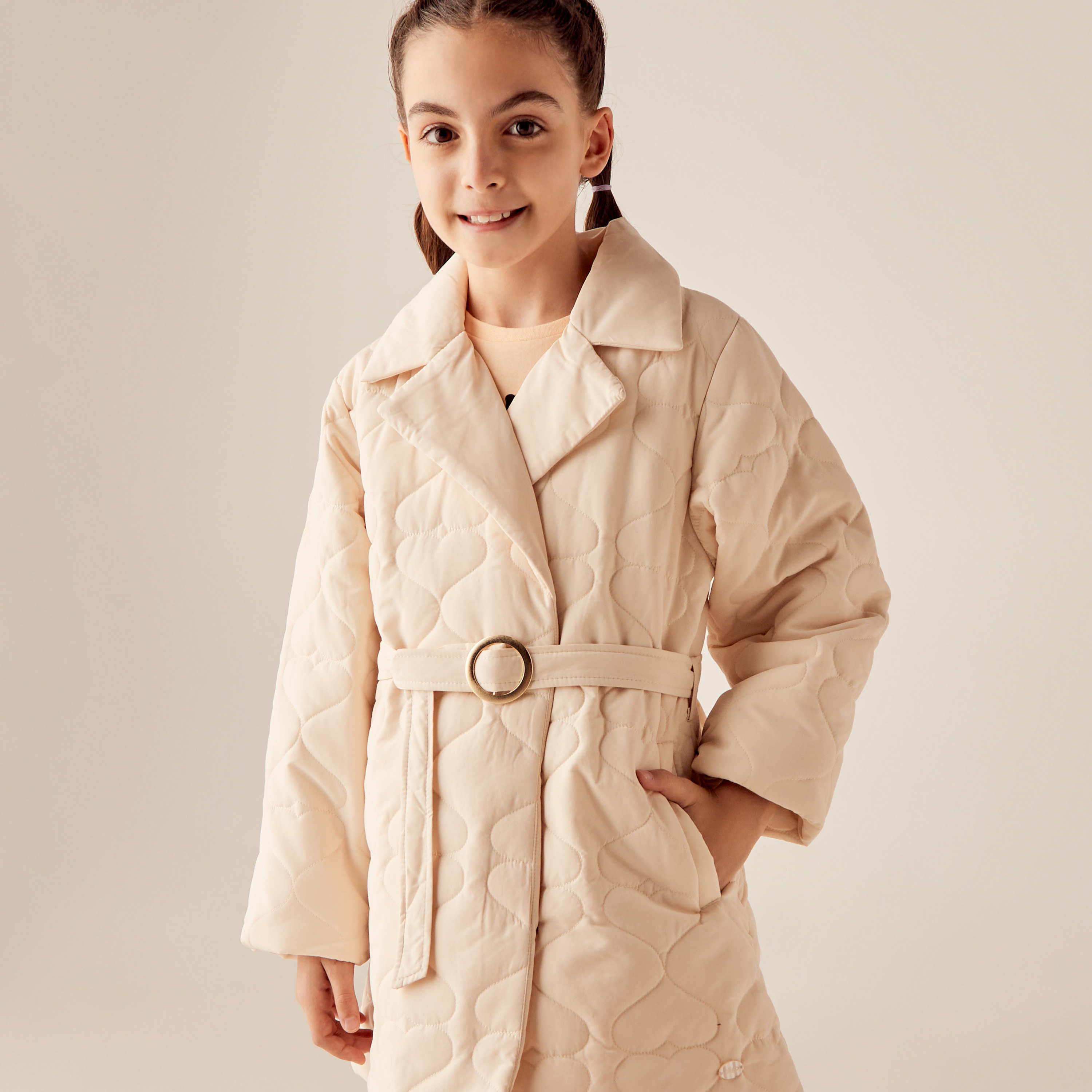 Eligo Textured Coat with Notched Lapel and Belt-girls-clothing-winterwear-jacketsandcoats-image-3