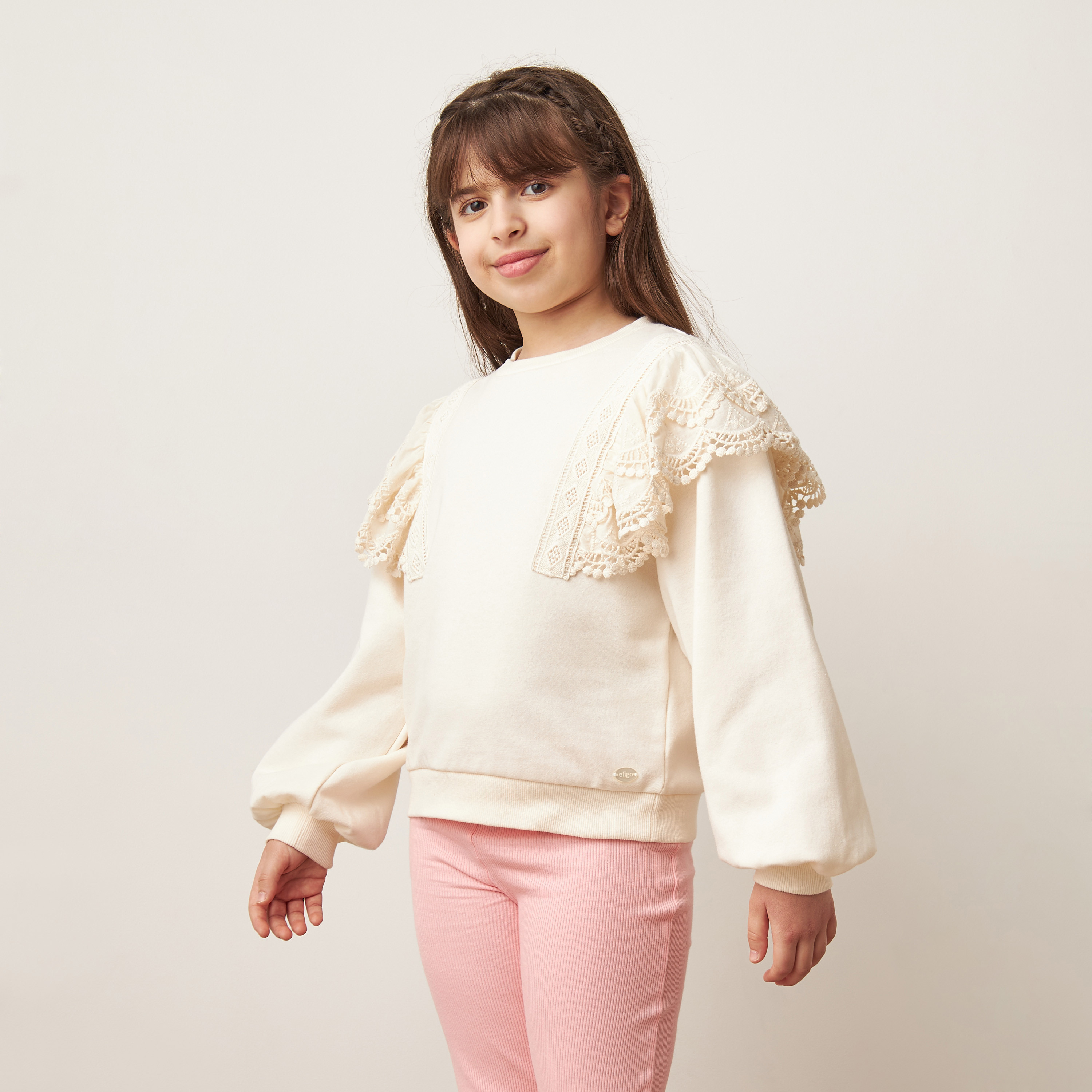 Eligo Lace Frill Detail Pullover with Long Sleeves-girls-clothing-sweatshirts-image-1