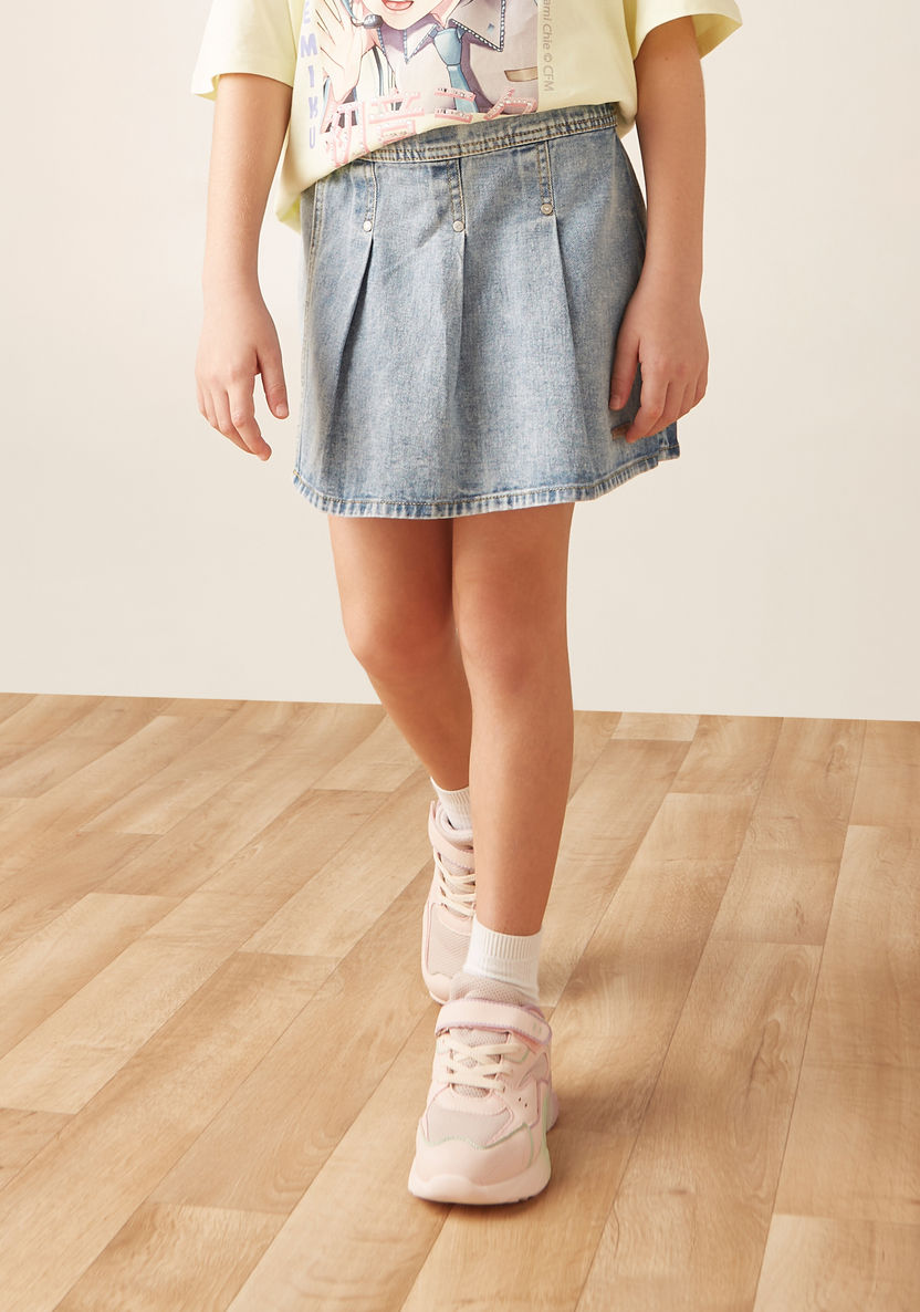 Lee Cooper Solid Pleated Denim Skorts with Button Closure-Skirts-image-0