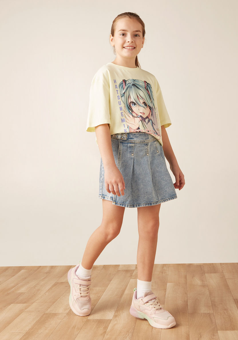 Lee Cooper Solid Pleated Denim Skorts with Button Closure-Skirts-image-1