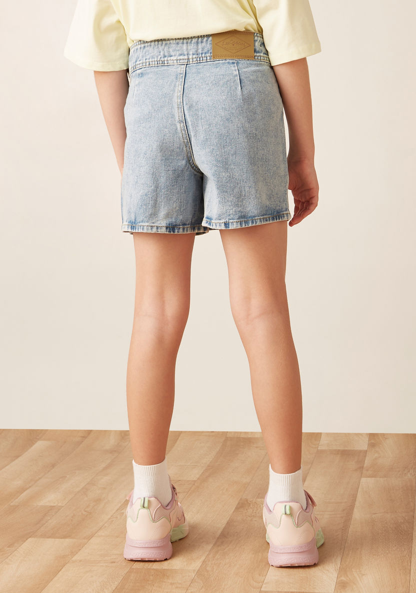 Lee Cooper Solid Pleated Denim Skorts with Button Closure-Skirts-image-3