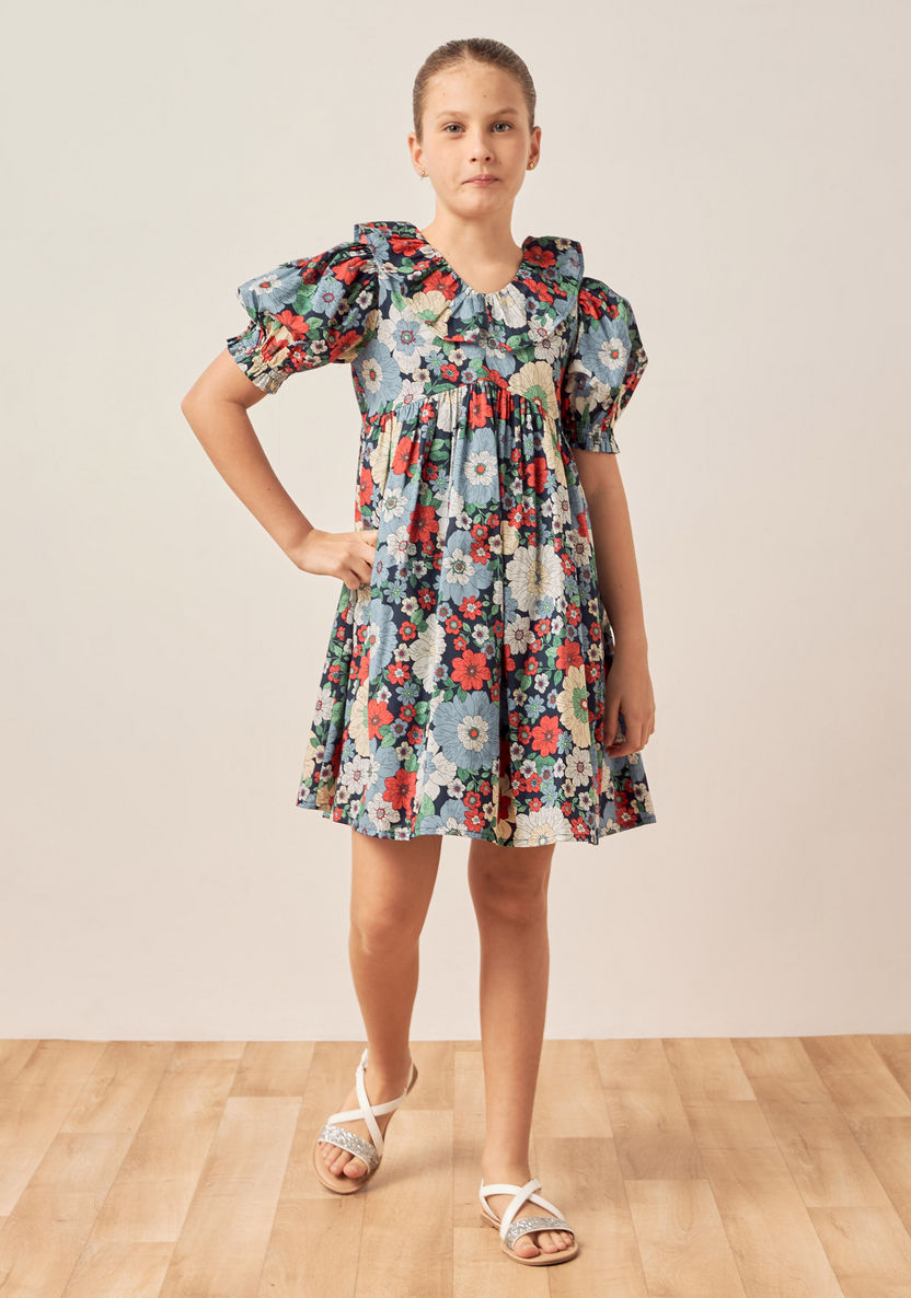 Lee Cooper All-Over Floral Print Dress with Puff Sleeves-Dresses%2C Gowns and Frocks-image-1