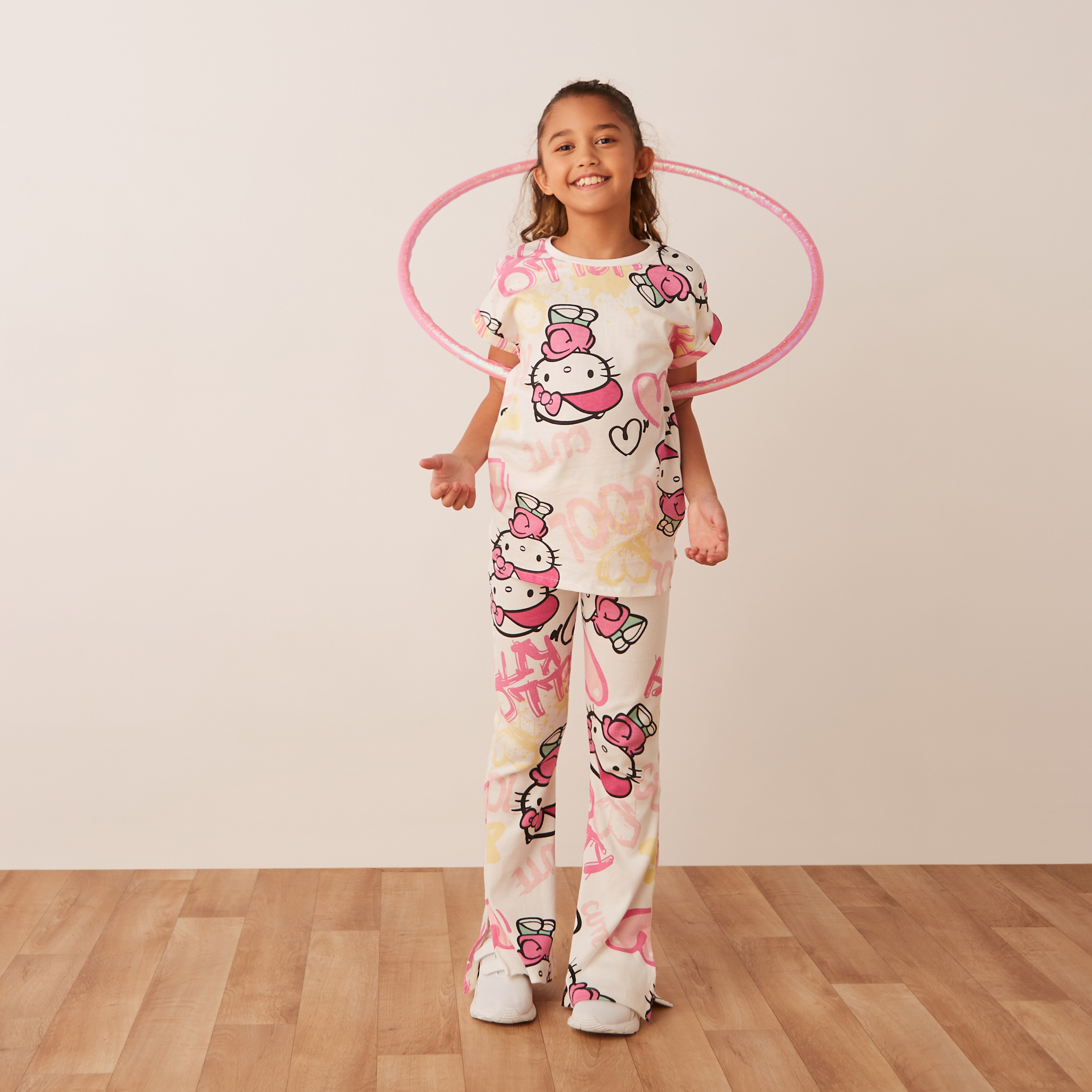 Sanrio All-Over Hello Kitty Print T-shirt with Short Sleeves and Round Neck-girls-clothing-schoolwear-tshirts-image-1