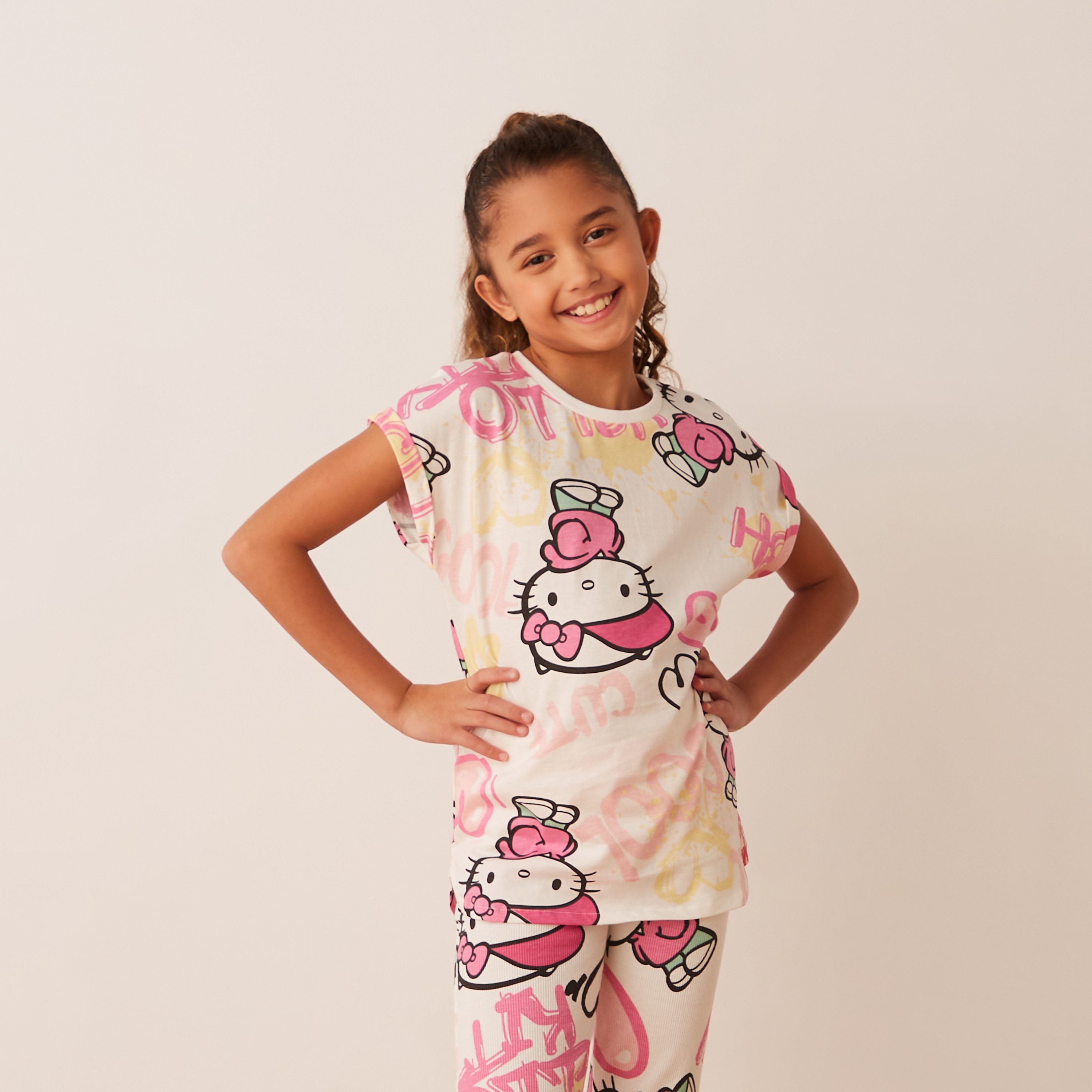 Sanrio All-Over Hello Kitty Print T-shirt with Short Sleeves and Round Neck-girls-clothing-schoolwear-tshirts-image-2