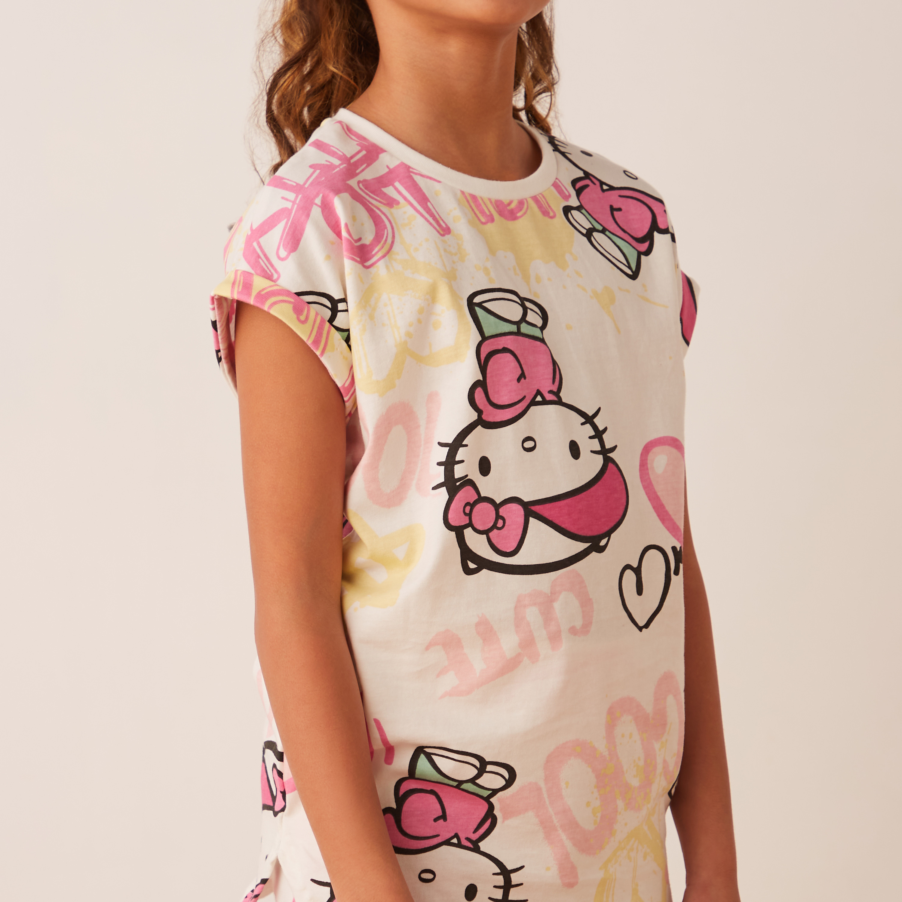 Sanrio All-Over Hello Kitty Print T-shirt with Short Sleeves and Round Neck-girls-clothing-schoolwear-tshirts-image-3
