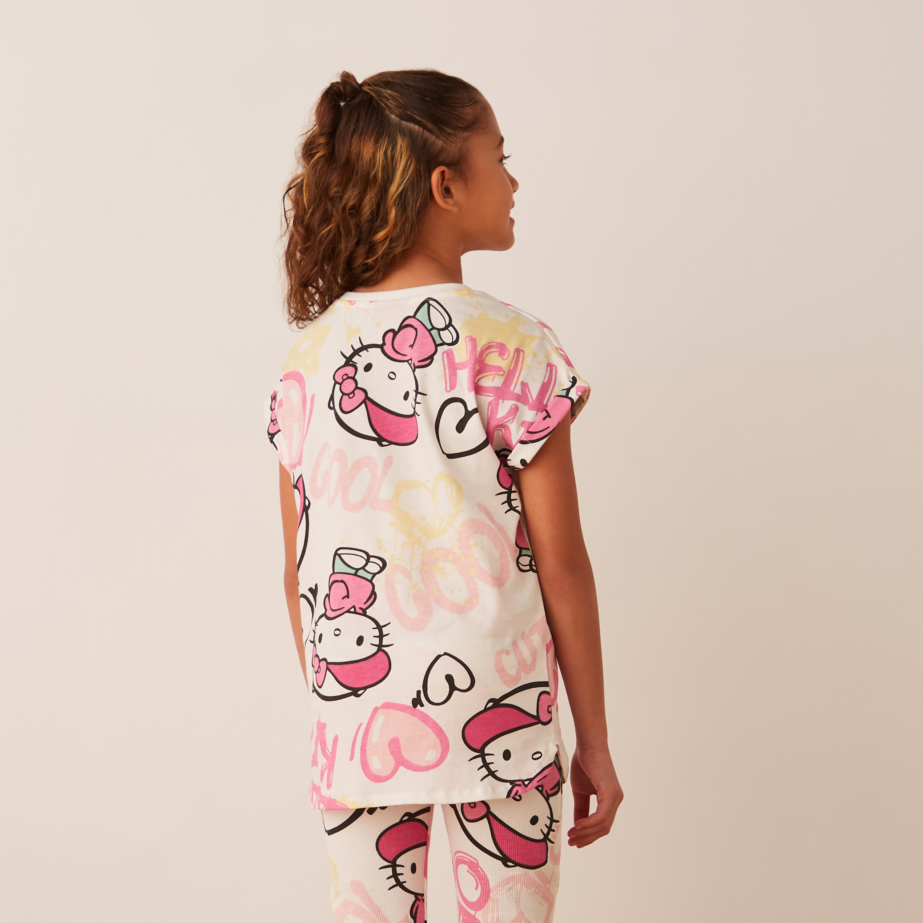 Sanrio All-Over Hello Kitty Print T-shirt with Short Sleeves and Round Neck-girls-clothing-schoolwear-tshirts-image-4