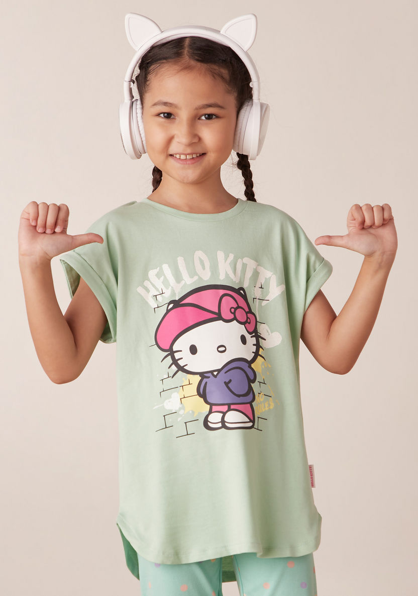 Sanrio Hello Kitty Print T-shirt with Crew Neck and Extended Sleeves-T Shirts-image-0
