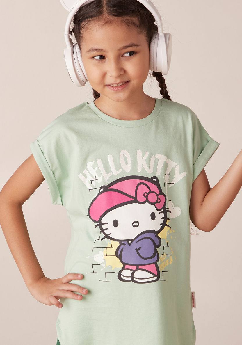 Sanrio Hello Kitty Print T-shirt with Crew Neck and Extended Sleeves-T Shirts-image-3