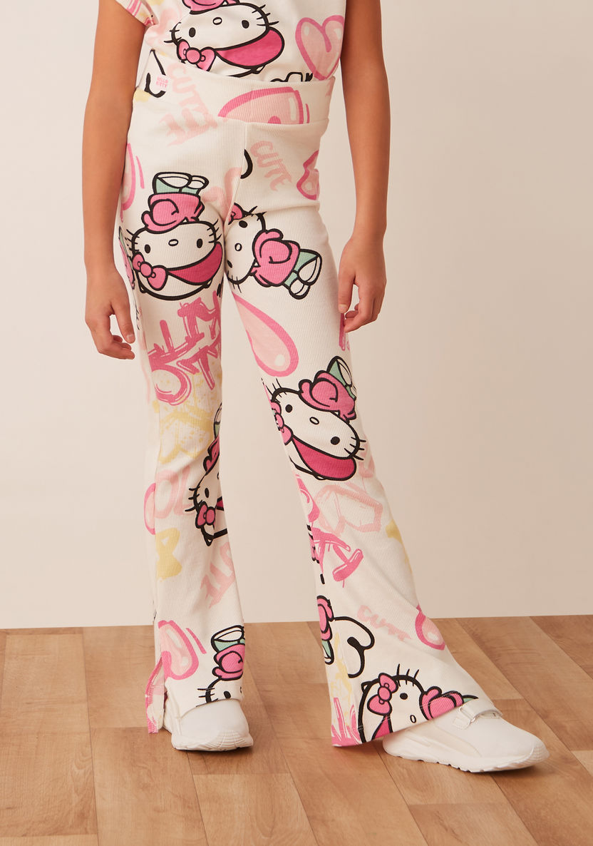 Sanrio All-Over Hello Kitty Graphic Print Flared Leggings with Elasticated Waistband-Leggings-image-1