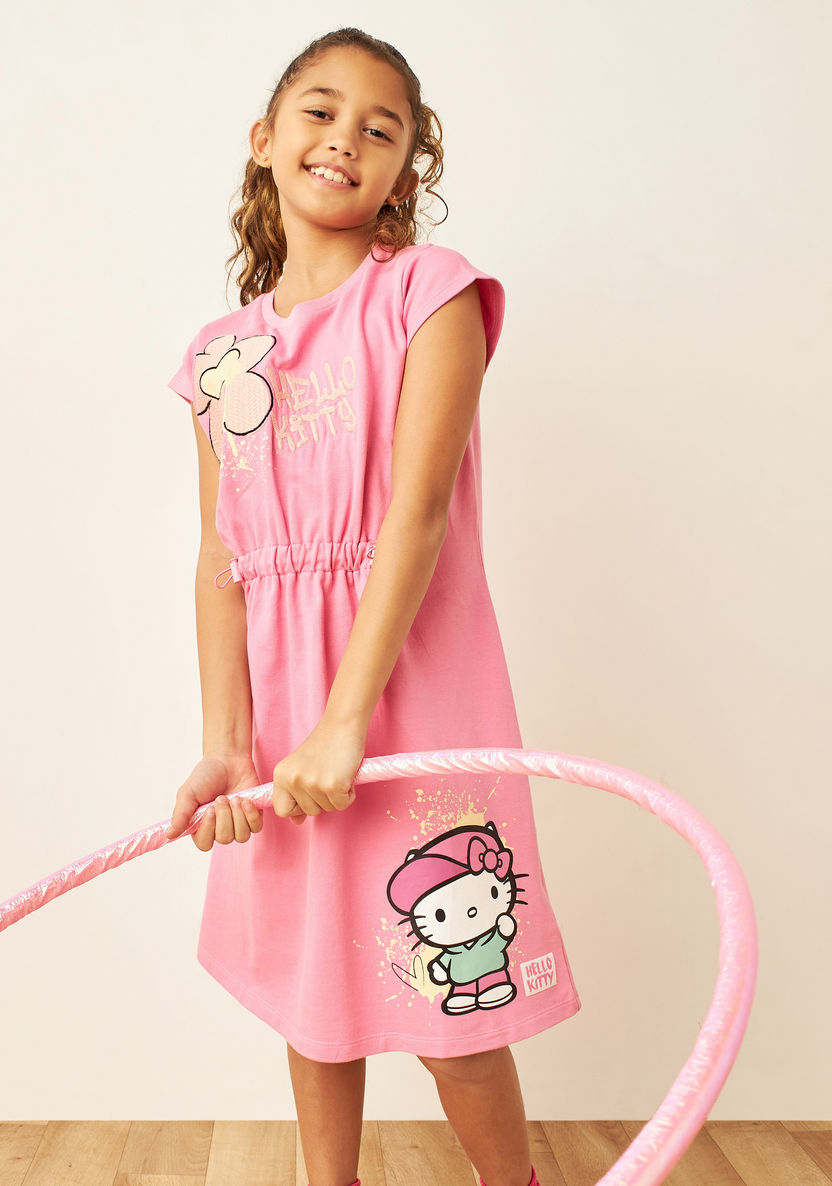 Sanrio Hello Kitty Print Dress with Cap Sleeves-Dresses%2C Gowns and Frocks-image-1