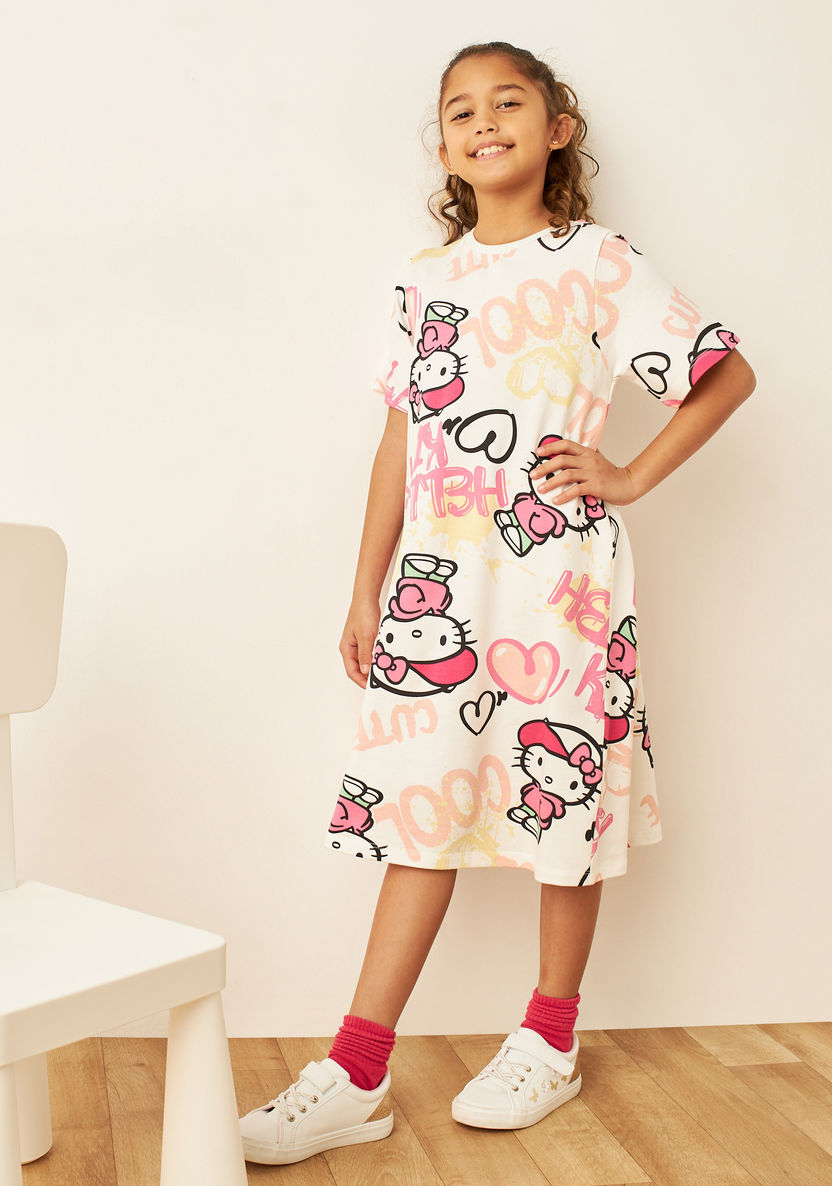 Sanrio All-Over Hello Kitty Print Dress with Short Sleeves-Dresses%2C Gowns and Frocks-image-0