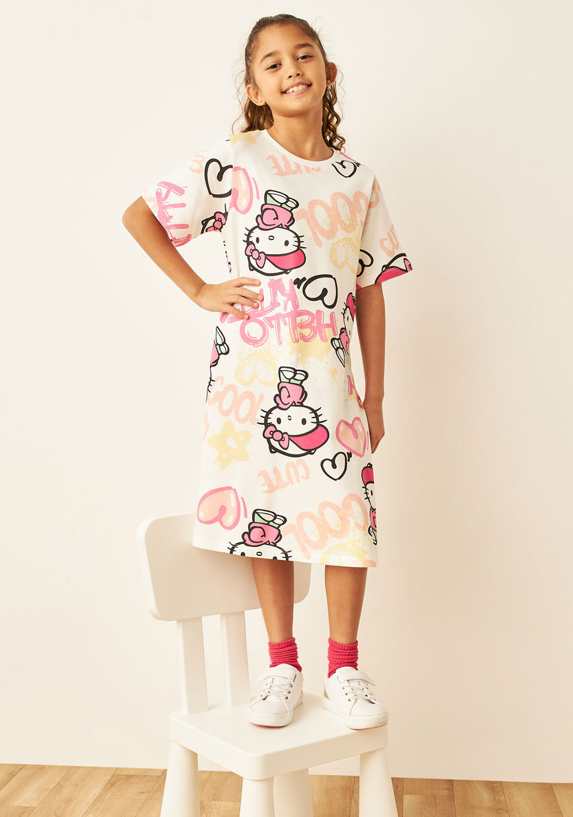 Sanrio All-Over Hello Kitty Print Dress with Short Sleeves-Dresses%2C Gowns and Frocks-image-1