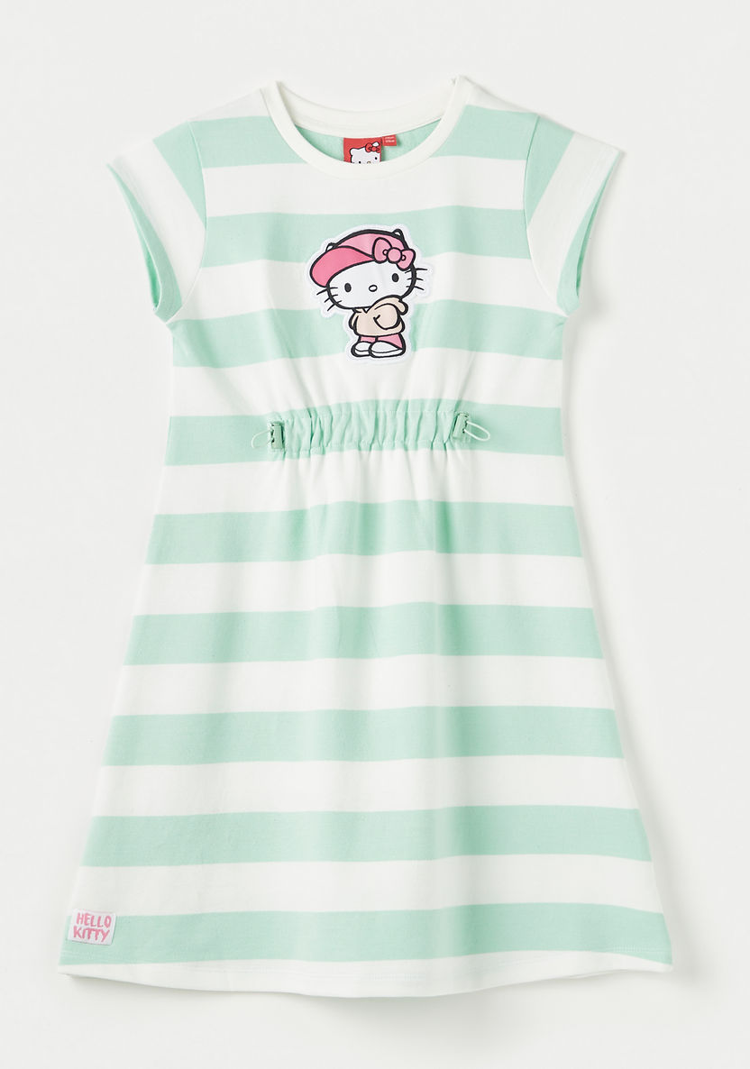 Sanrio Hello Kitty Applique Detail Striped Dress with Cap Sleeves-Dresses%2C Gowns and Frocks-image-0