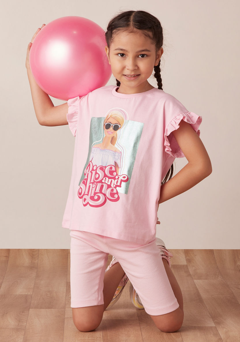 Barbie Print T-shirt with Crew Neck and Extended Sleeves-T Shirts-image-0