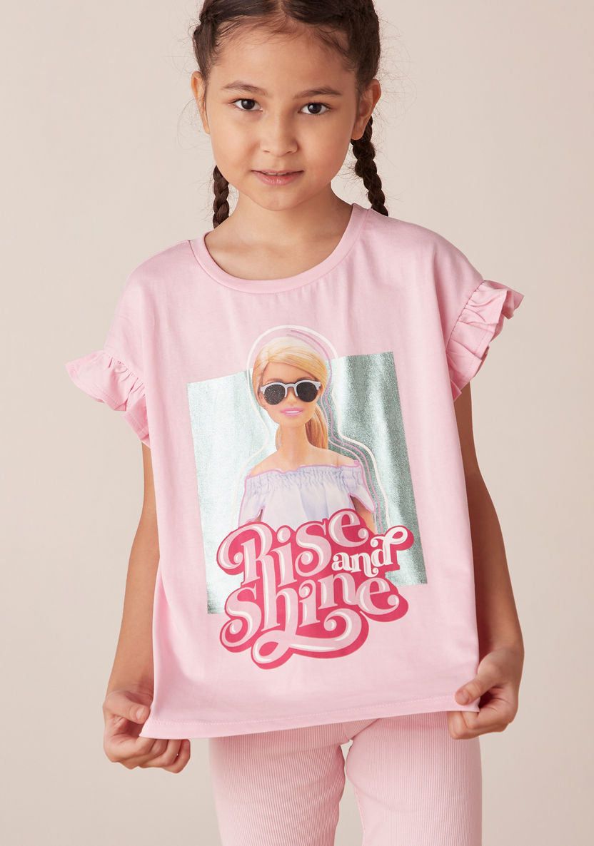 Barbie Print T-shirt with Crew Neck and Extended Sleeves-T Shirts-image-3