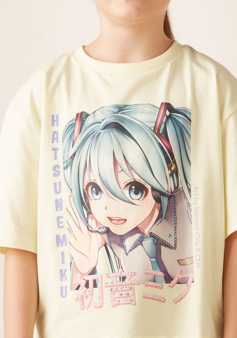 Hatsune Miku Graphic Print T-shirt with Short Sleeves-T Shirts-image-2