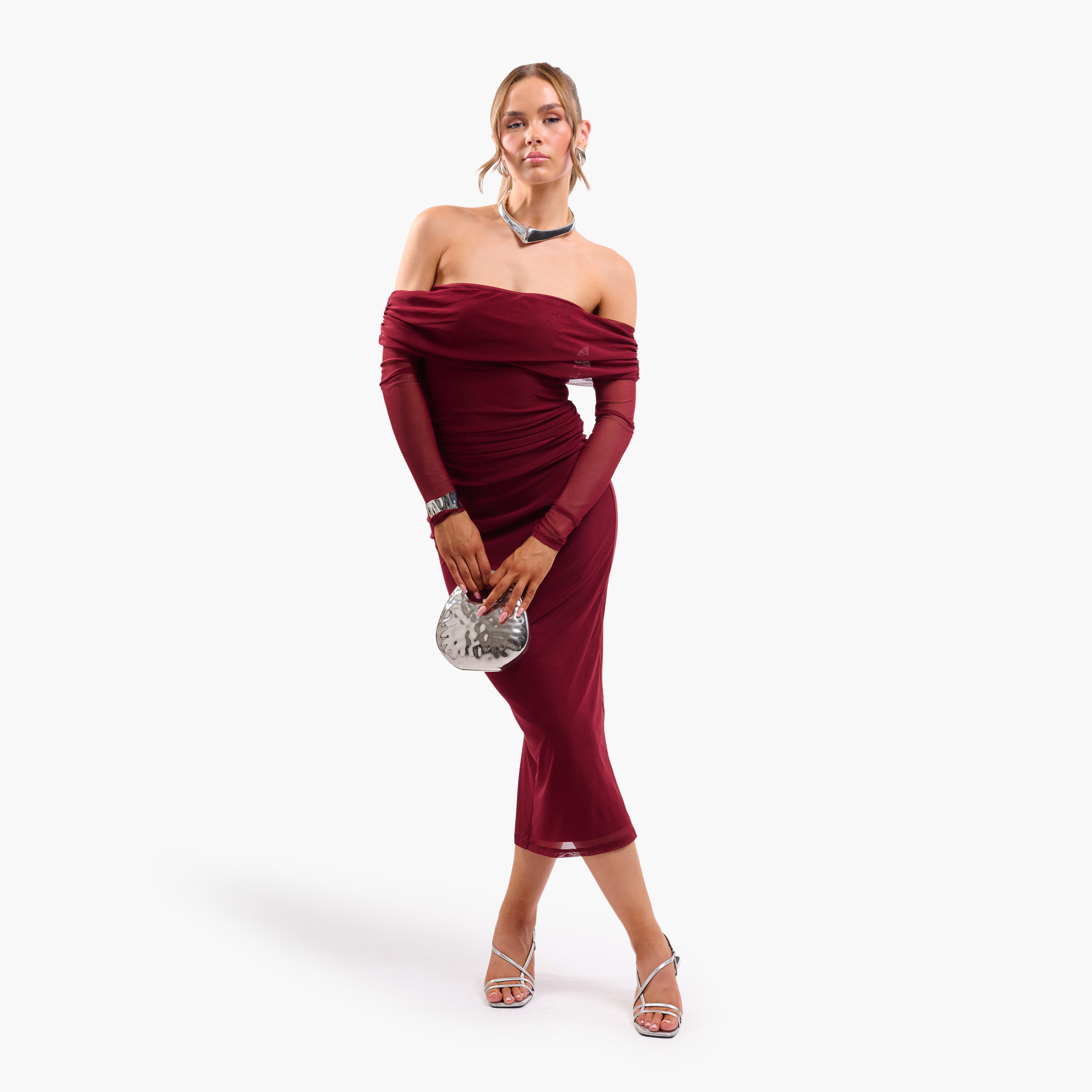FAIA Wine Ruched Mesh Bardot Neck Bodycon Women's Midi Dress-women-clothing-dresses-image-1