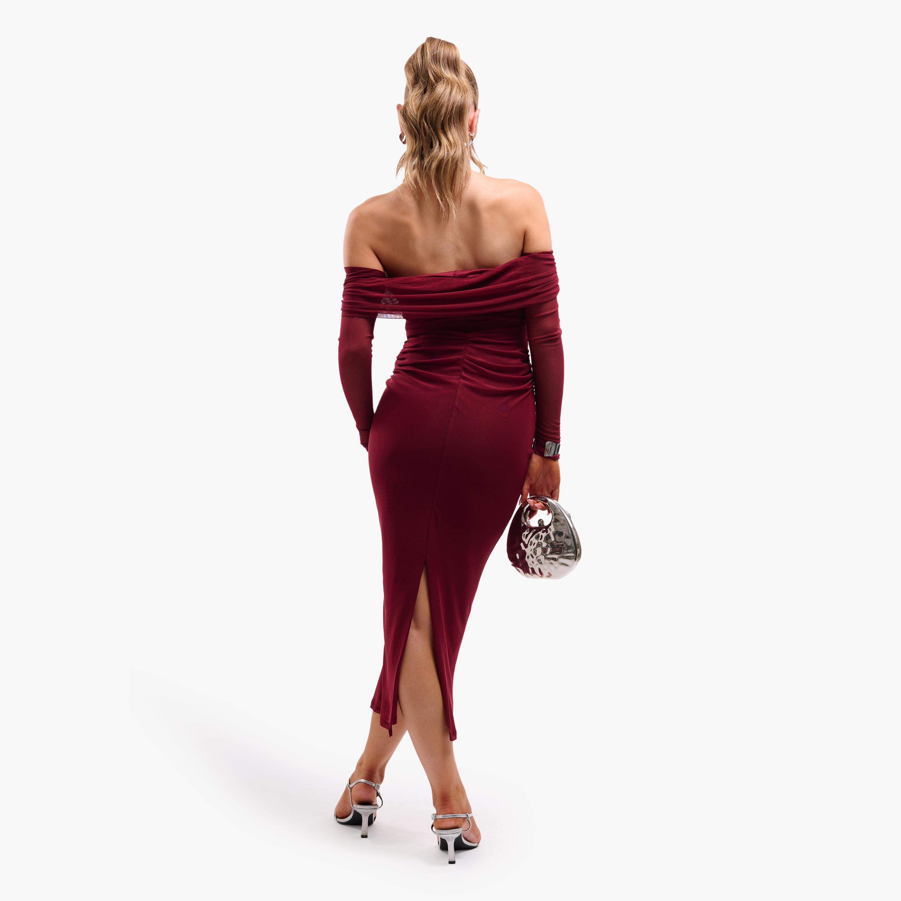 FAIA Wine Ruched Mesh Bardot Neck Bodycon Women's Midi Dress-women-clothing-dresses-image-4