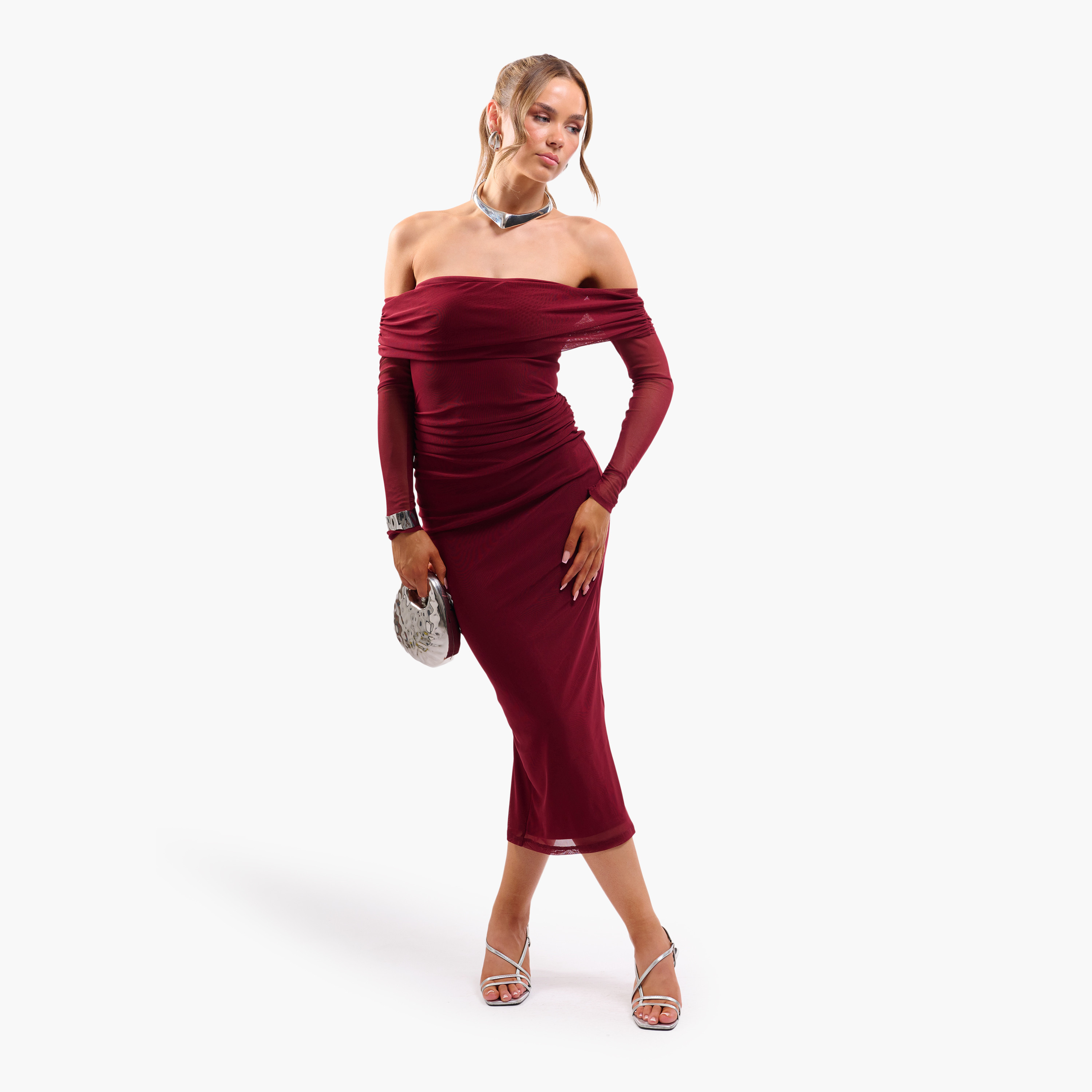 FAIA Wine Ruched Mesh Bardot Neck Bodycon Women's Midi Dress-women-clothing-dresses-image-5
