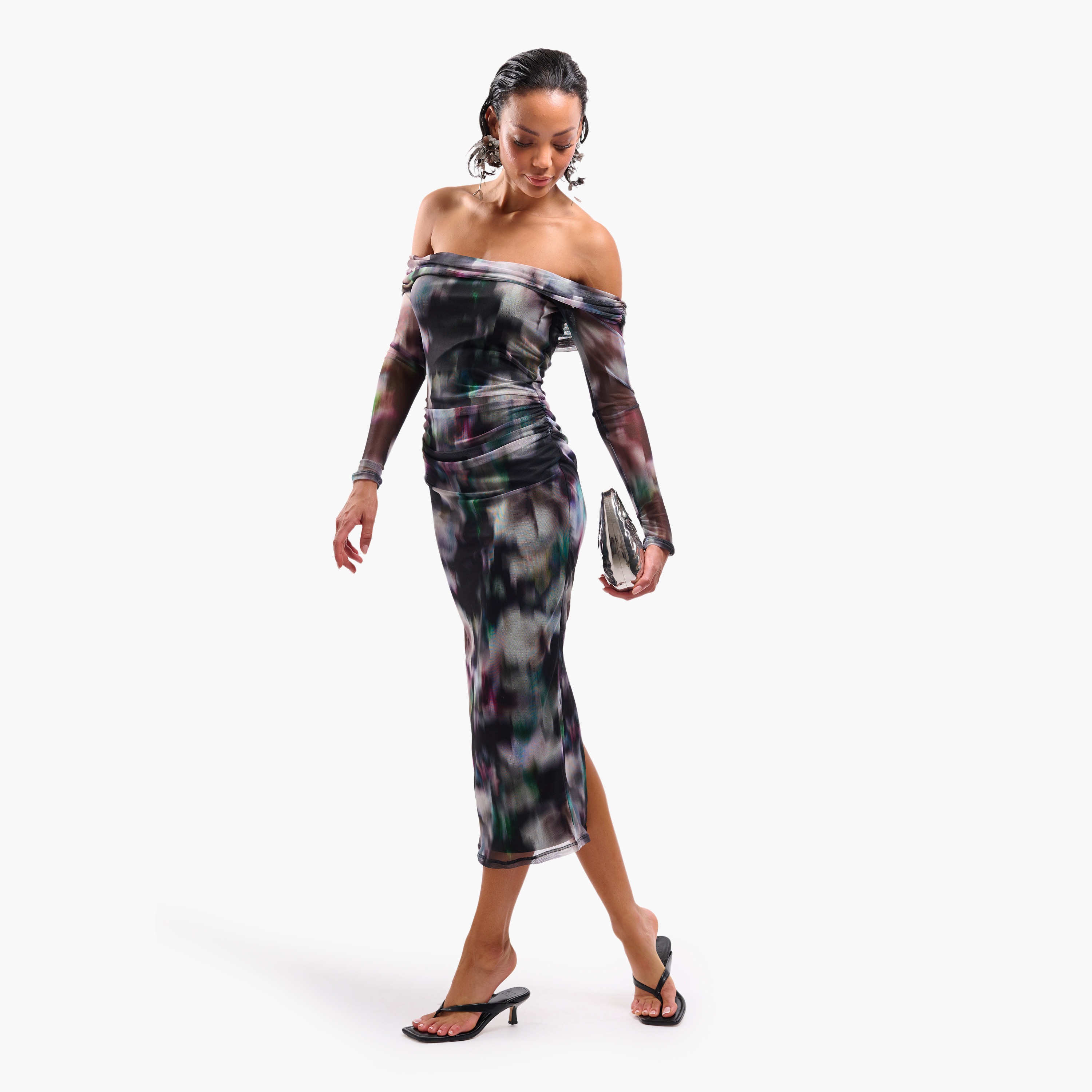 FAIA Multicolour Tie-Dye Ruched Mesh Bardot Neck Bodycon Women's Midi Dress-women-clothing-dresses-image-2