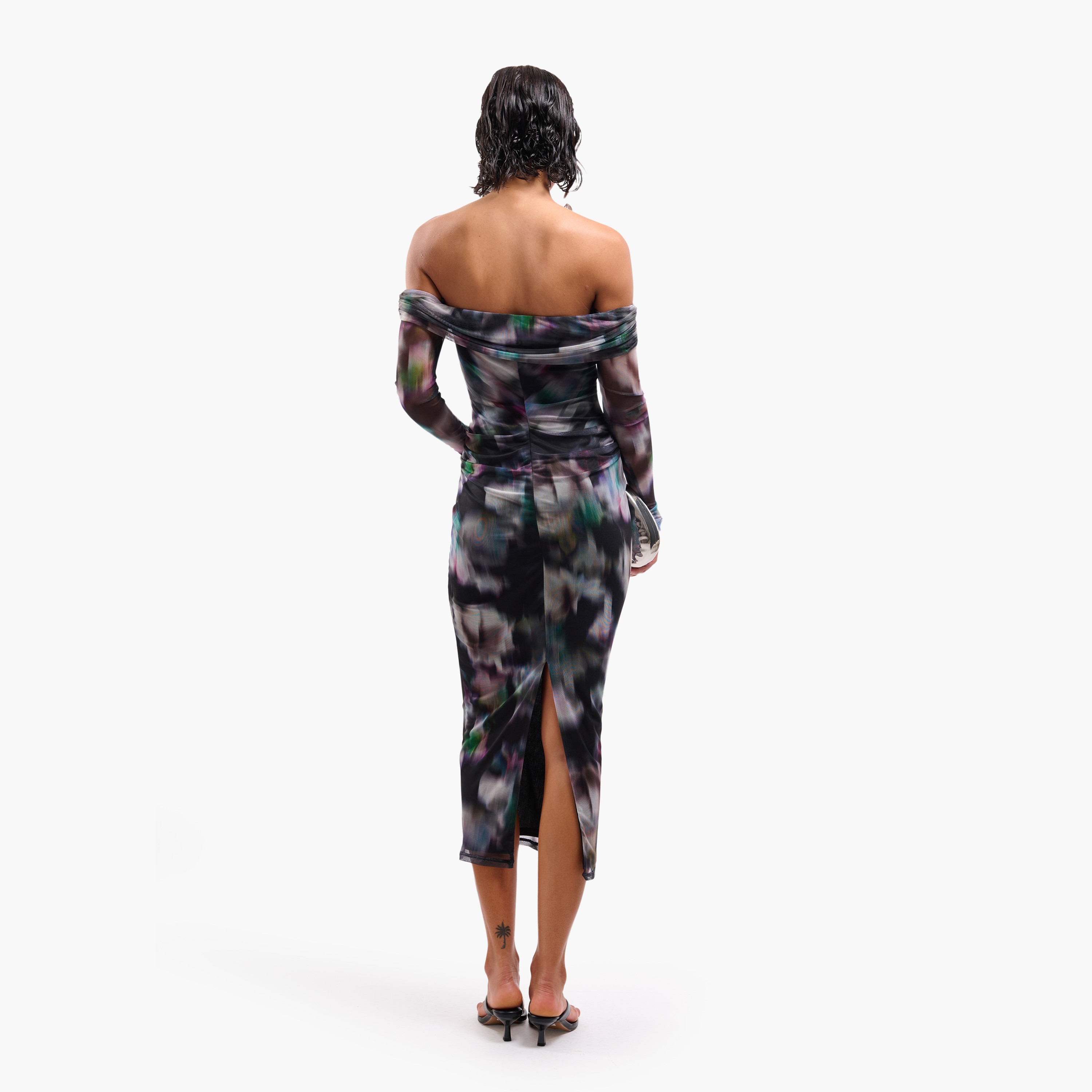 FAIA Multicolour Tie-Dye Ruched Mesh Bardot Neck Bodycon Women's Midi Dress-women-clothing-dresses-image-4