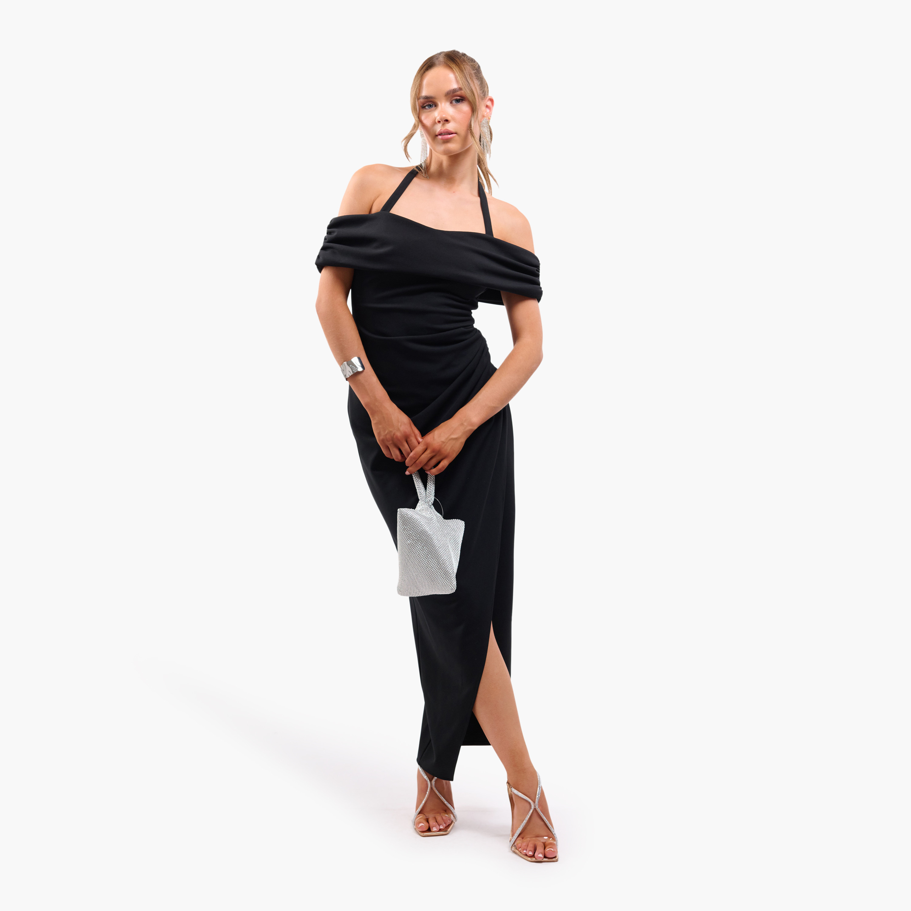 FAIA Black Ruched Halter Strap Bardot Women's Evening Maxi Dress-women-clothing-dresses-image-2