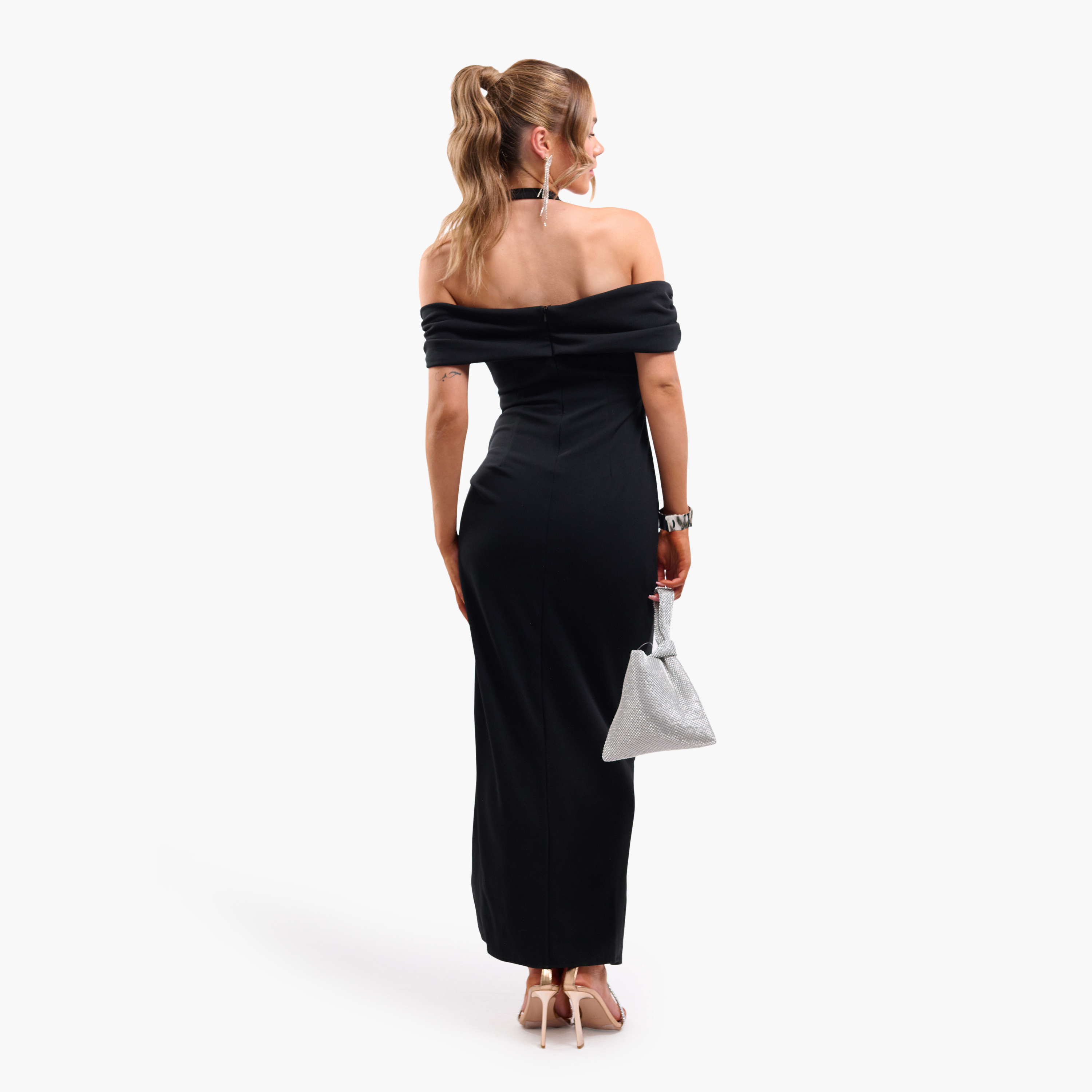 FAIA Black Ruched Halter Strap Bardot Women's Evening Maxi Dress-women-clothing-dresses-image-4