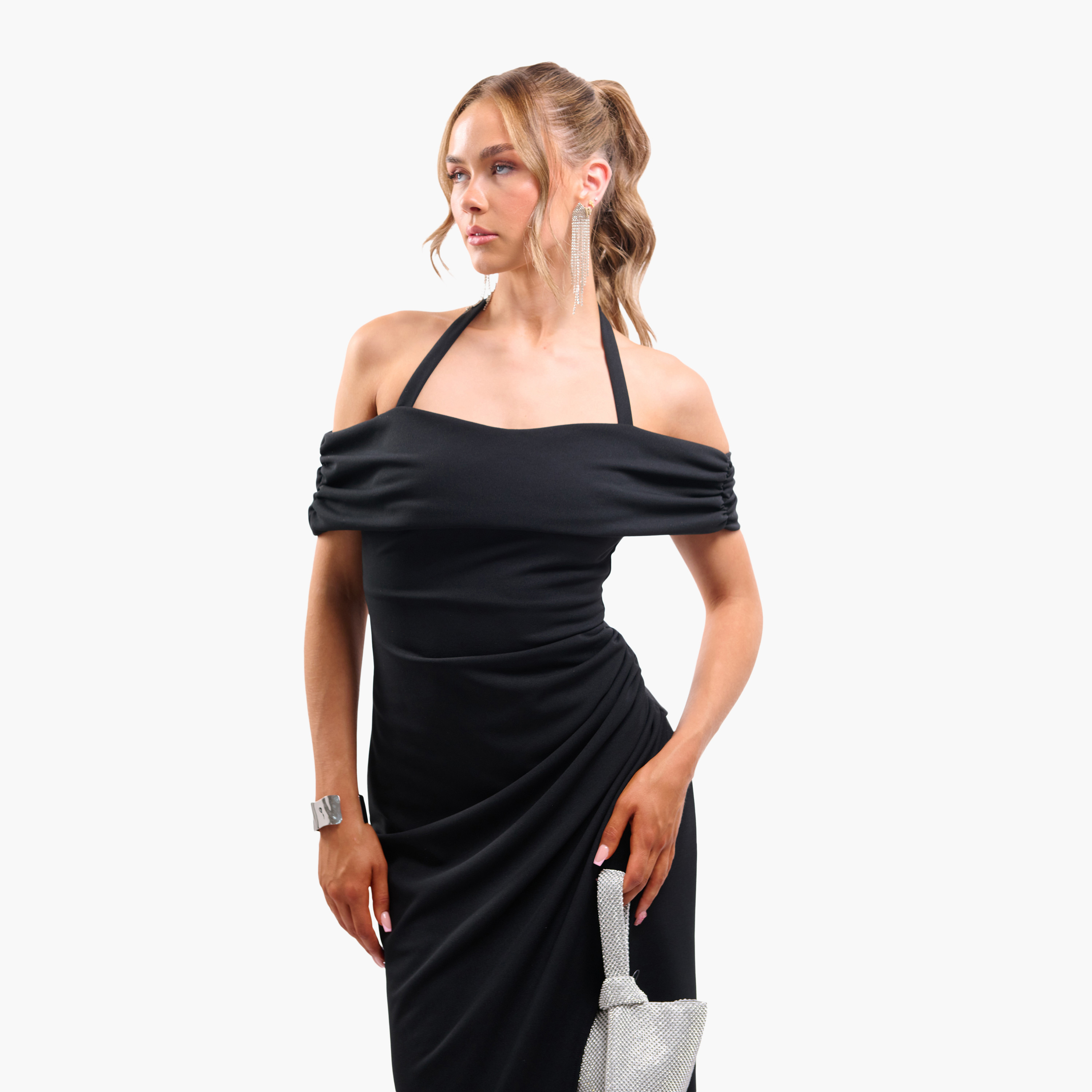 FAIA Black Ruched Halter Strap Bardot Women's Evening Maxi Dress-women-clothing-dresses-image-6