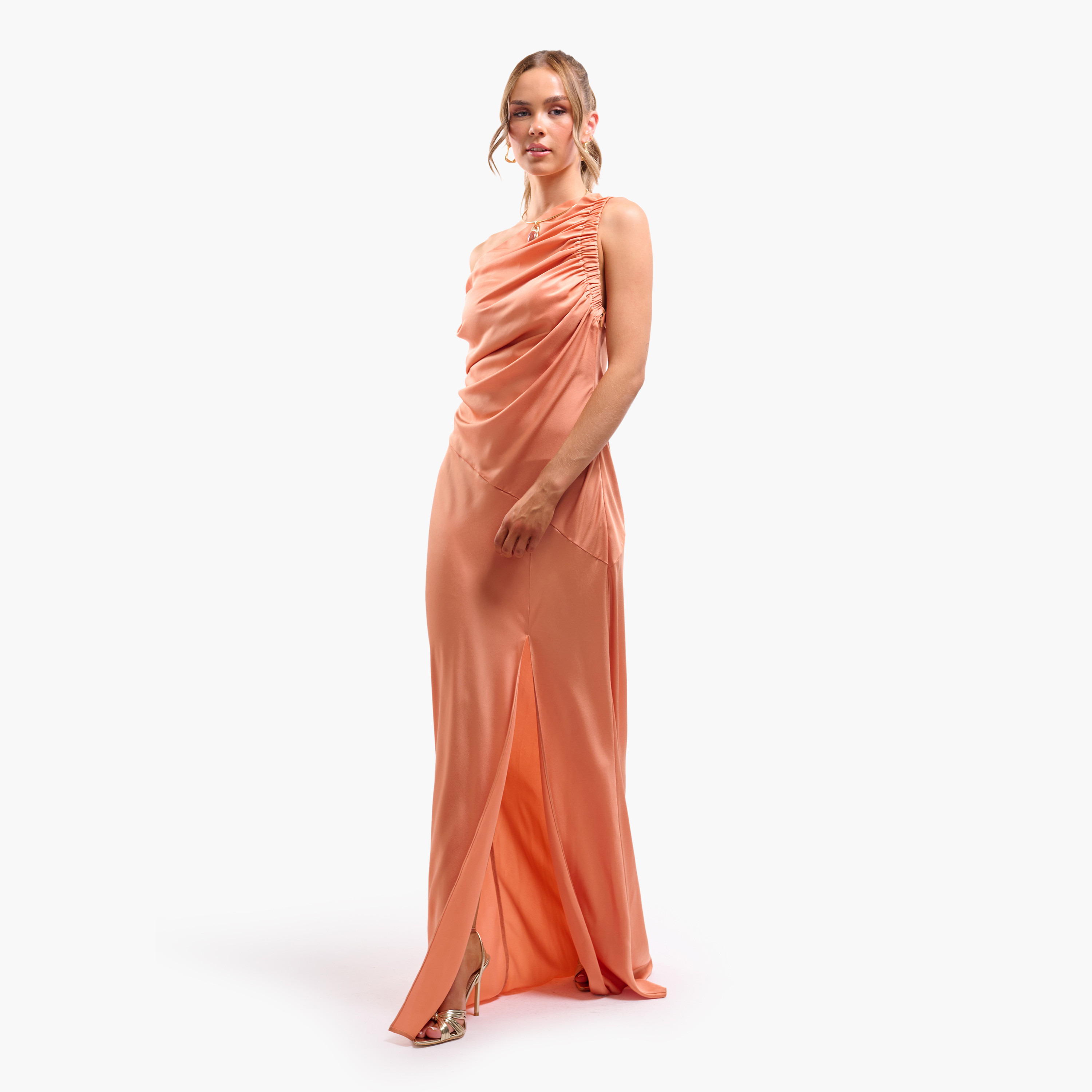 FAIA Ruched One Shoulder Sheath Women's Evening Maxi Dress-women-clothing-dresses-image-2
