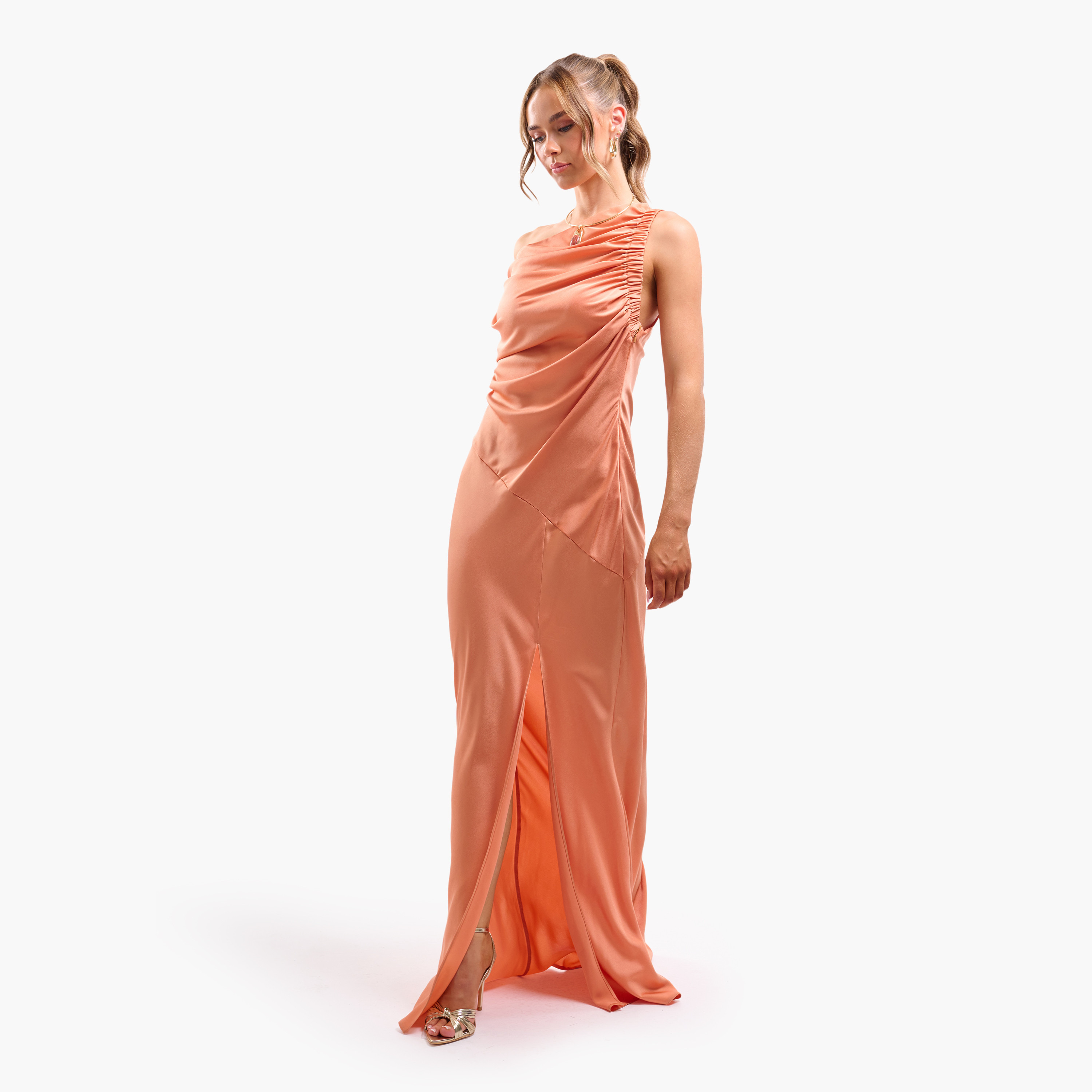 FAIA Ruched One Shoulder Sheath Women's Evening Maxi Dress-women-clothing-dresses-image-3