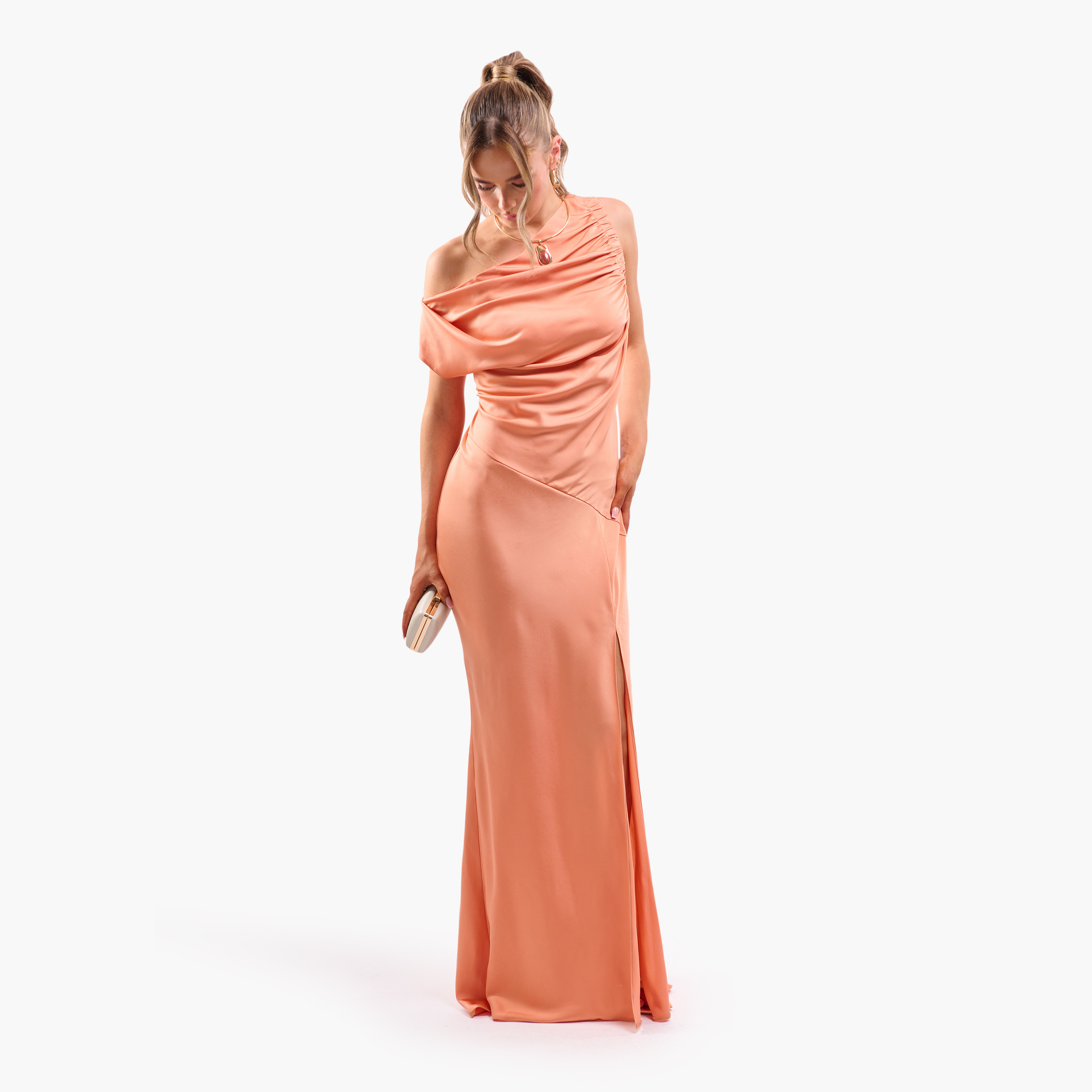 FAIA Ruched One Shoulder Sheath Women's Evening Maxi Dress-women-clothing-dresses-image-5