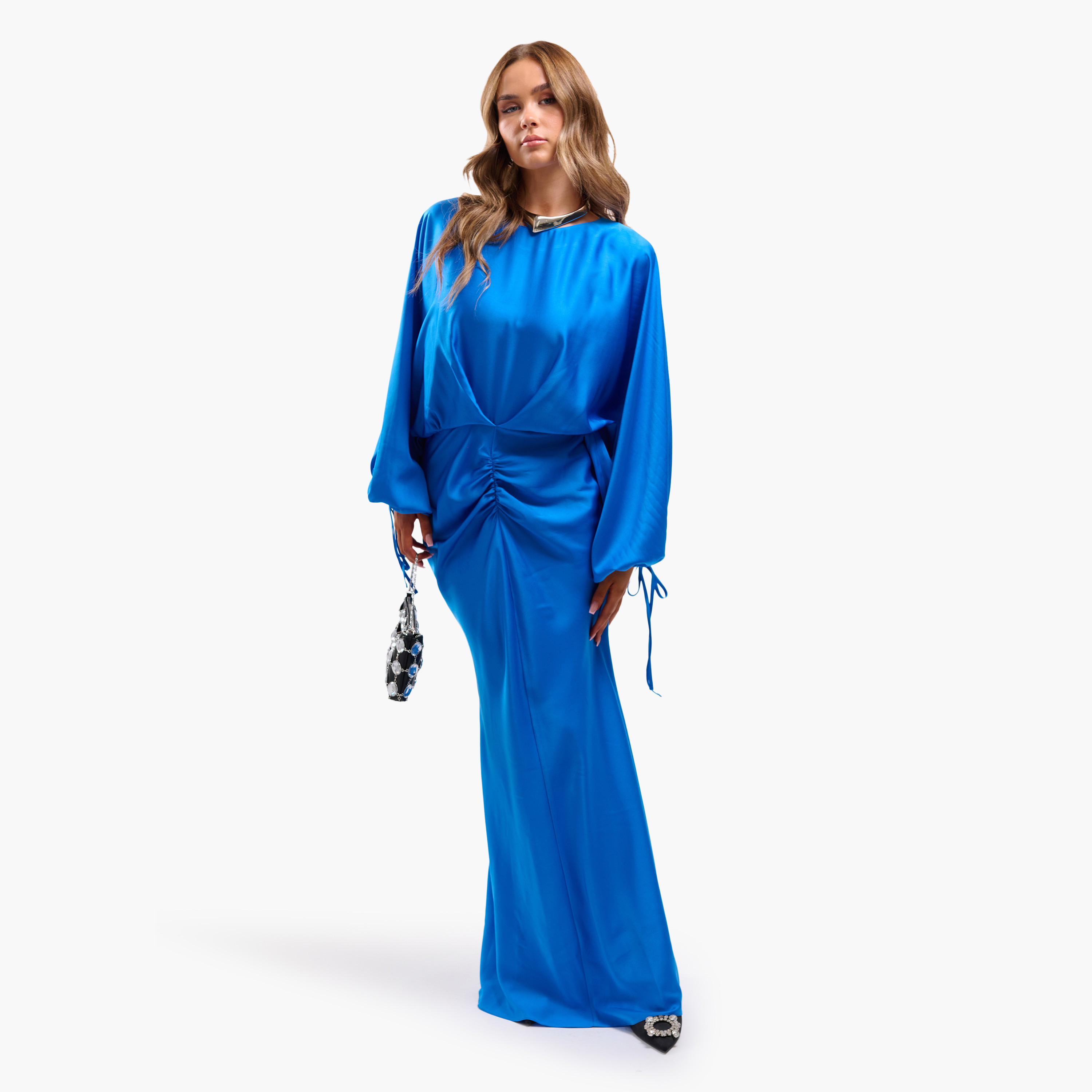فستان ماكسي نسائي مستقيم بقصة مائلة وأكمام منفوخة وتفاصيل مزمومة من فايا-women-clothing-dresses-image-1
